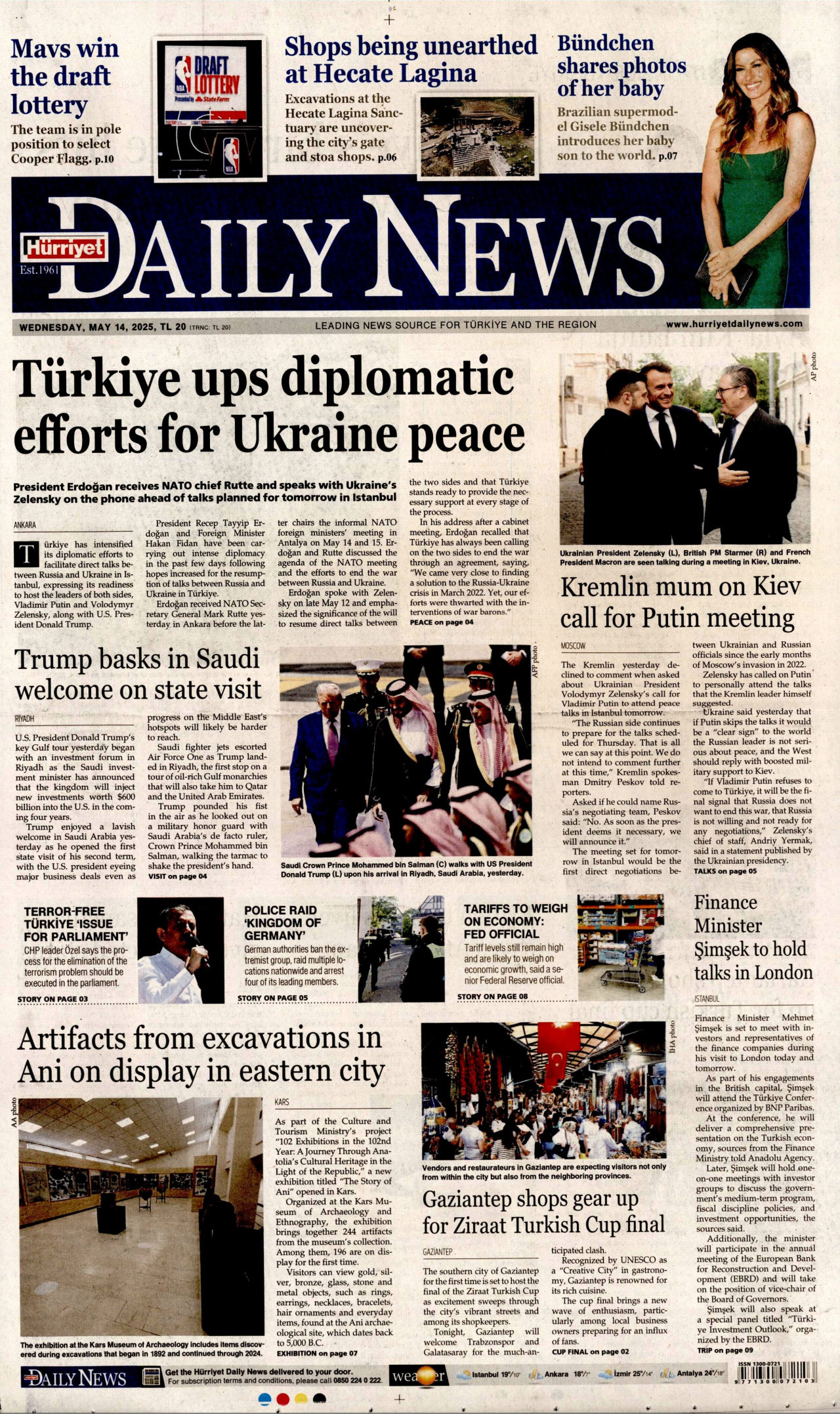 HÜRRİYET DAİLY NEWS gazetesinin 14 Mayıs 2025 tarihli birinci sayfası