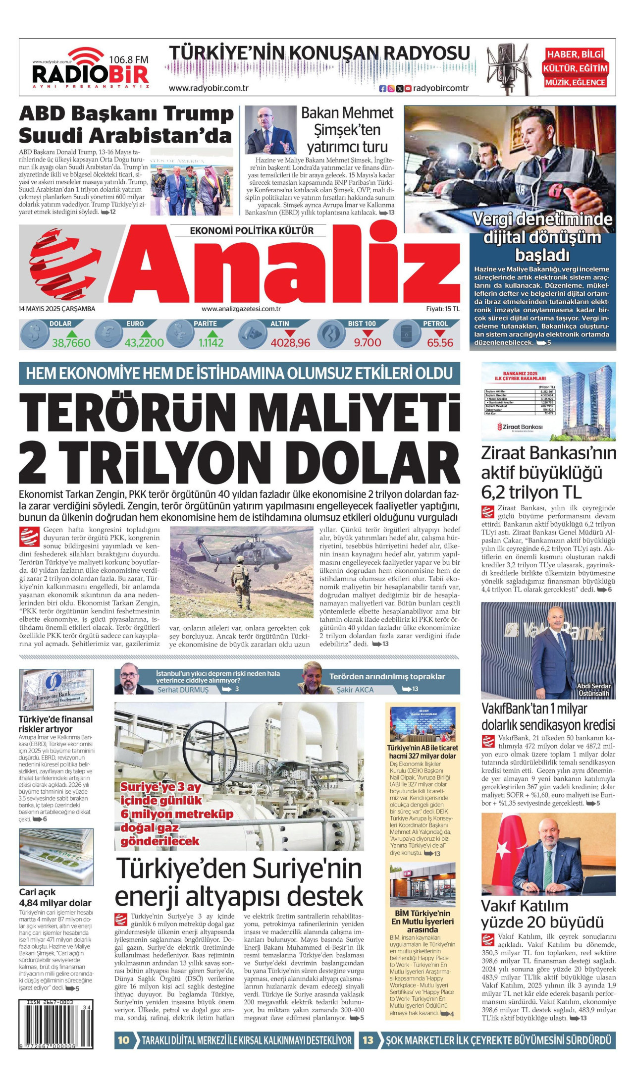 ANALİZ gazetesinin 14 Mayıs 2025 tarihli birinci sayfası