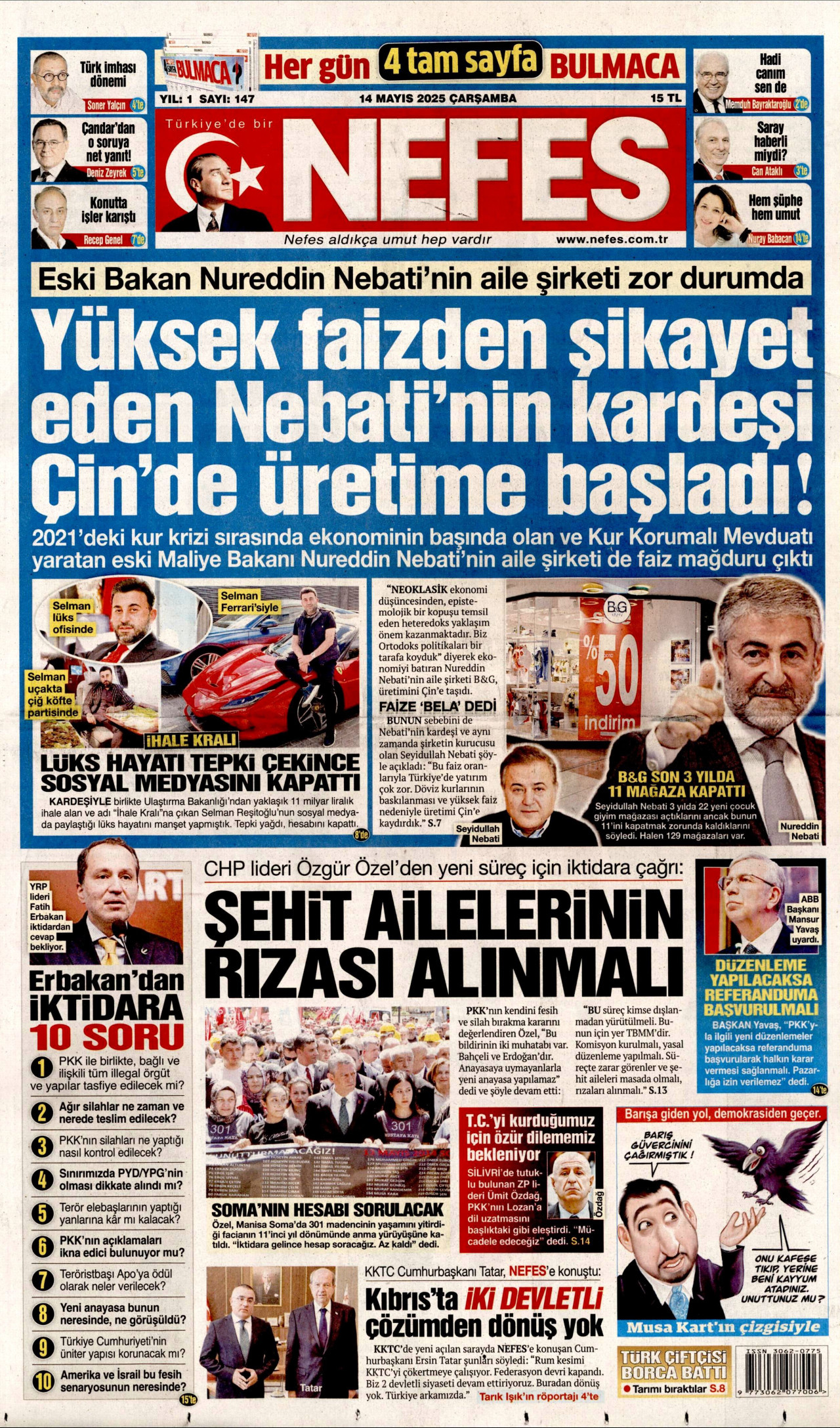 NEFES gazetesinin 14 Mayıs 2025 tarihli birinci sayfası