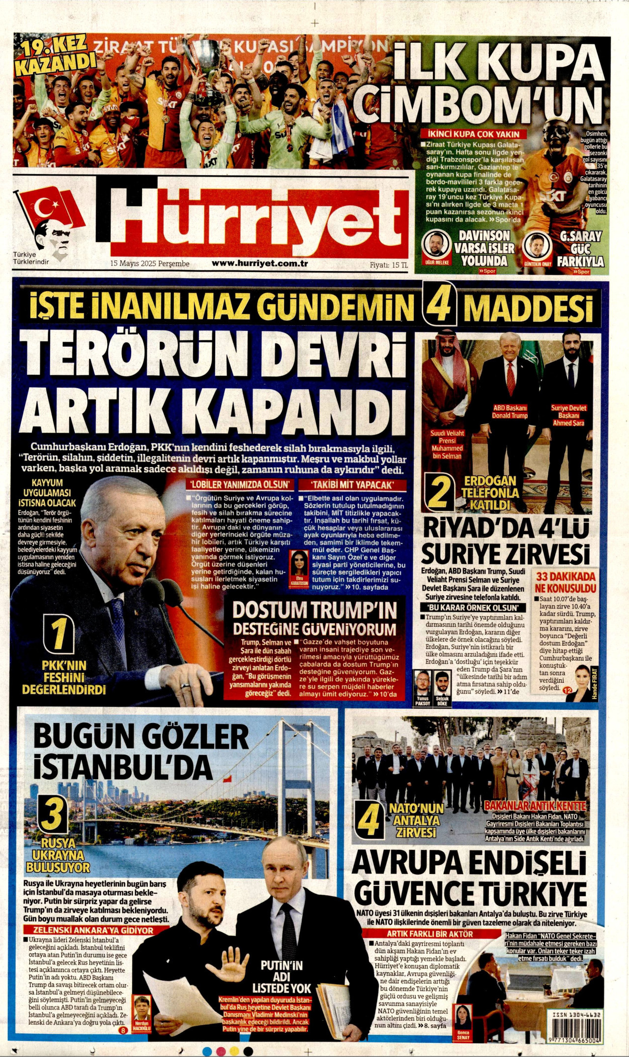 HÜRRİYET gazetesinin 15 Mayıs 2025 tarihli birinci sayfası