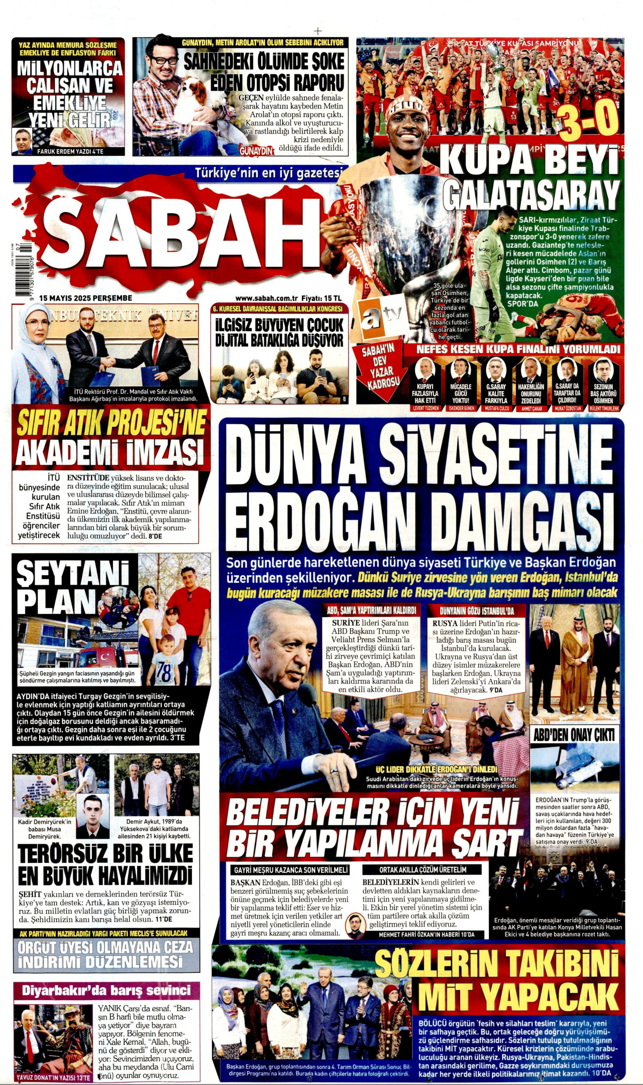SABAH gazetesinin 15 Mayıs 2025 tarihli birinci sayfası