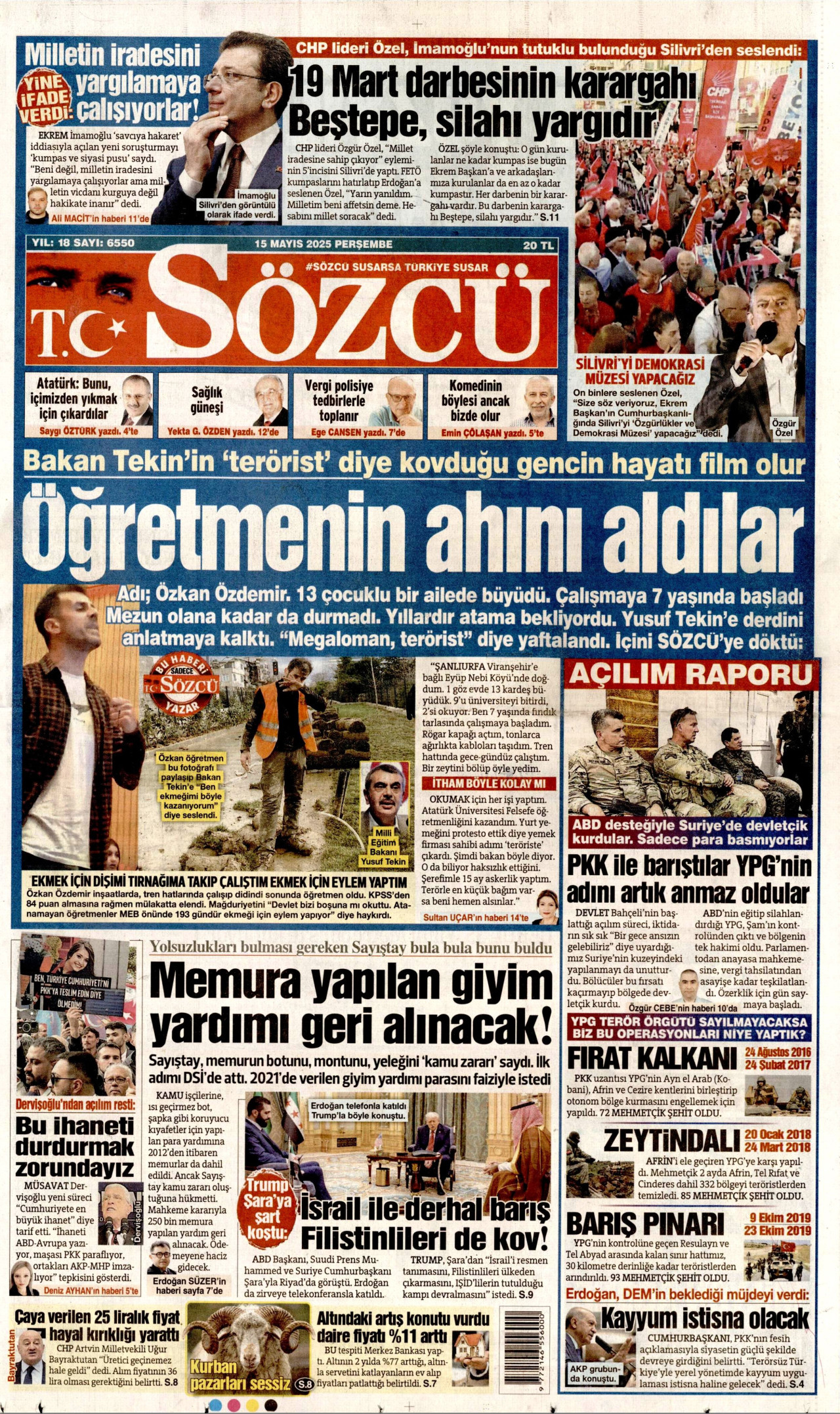 SÖZCÜ gazetesinin 15 Mayıs 2025 tarihli birinci sayfası