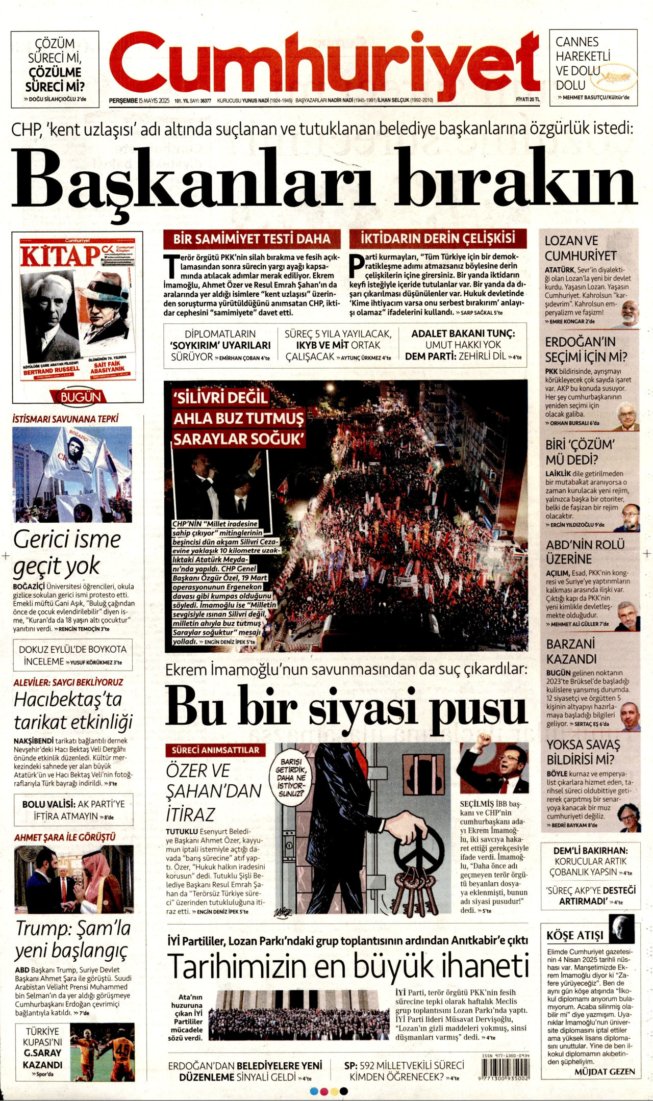 CUMHURİYET gazetesinin 15 Mayıs 2025 tarihli birinci sayfası