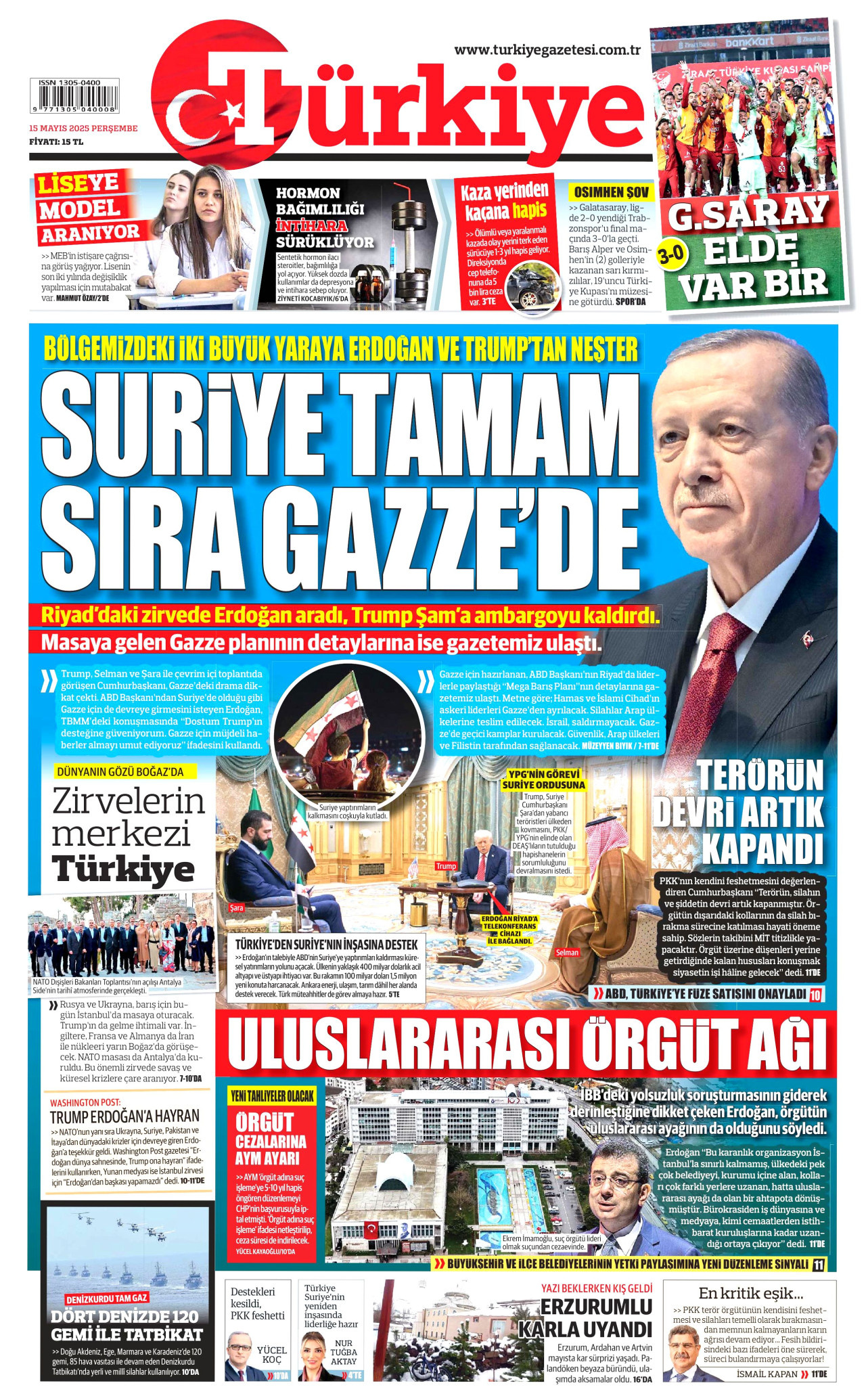 TÜRKİYE GAZETESİ gazetesinin 15 Mayıs 2025 tarihli birinci sayfası
