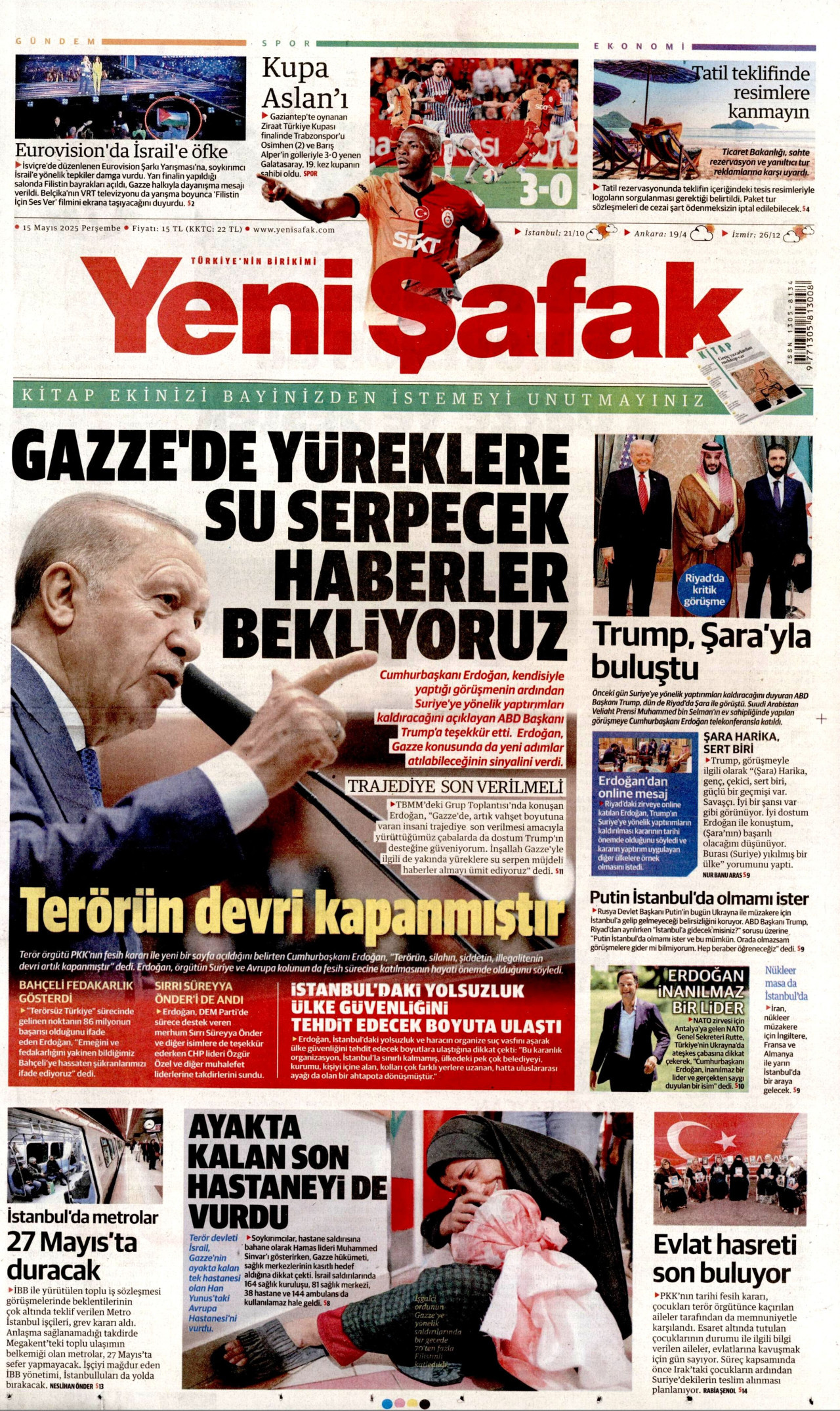YENİ ŞAFAK gazetesinin 15 Mayıs 2025 tarihli birinci sayfası