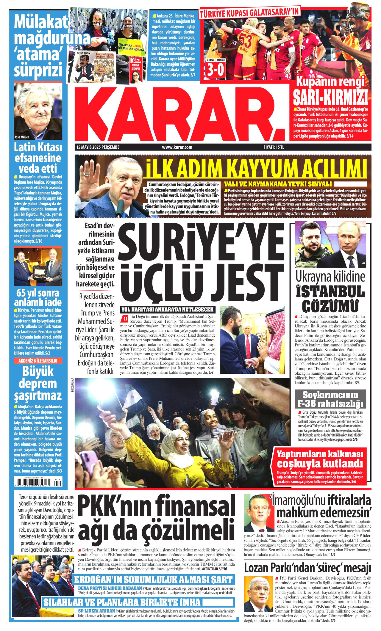 KARAR gazetesinin 15 Mayıs 2025 tarihli birinci sayfası
