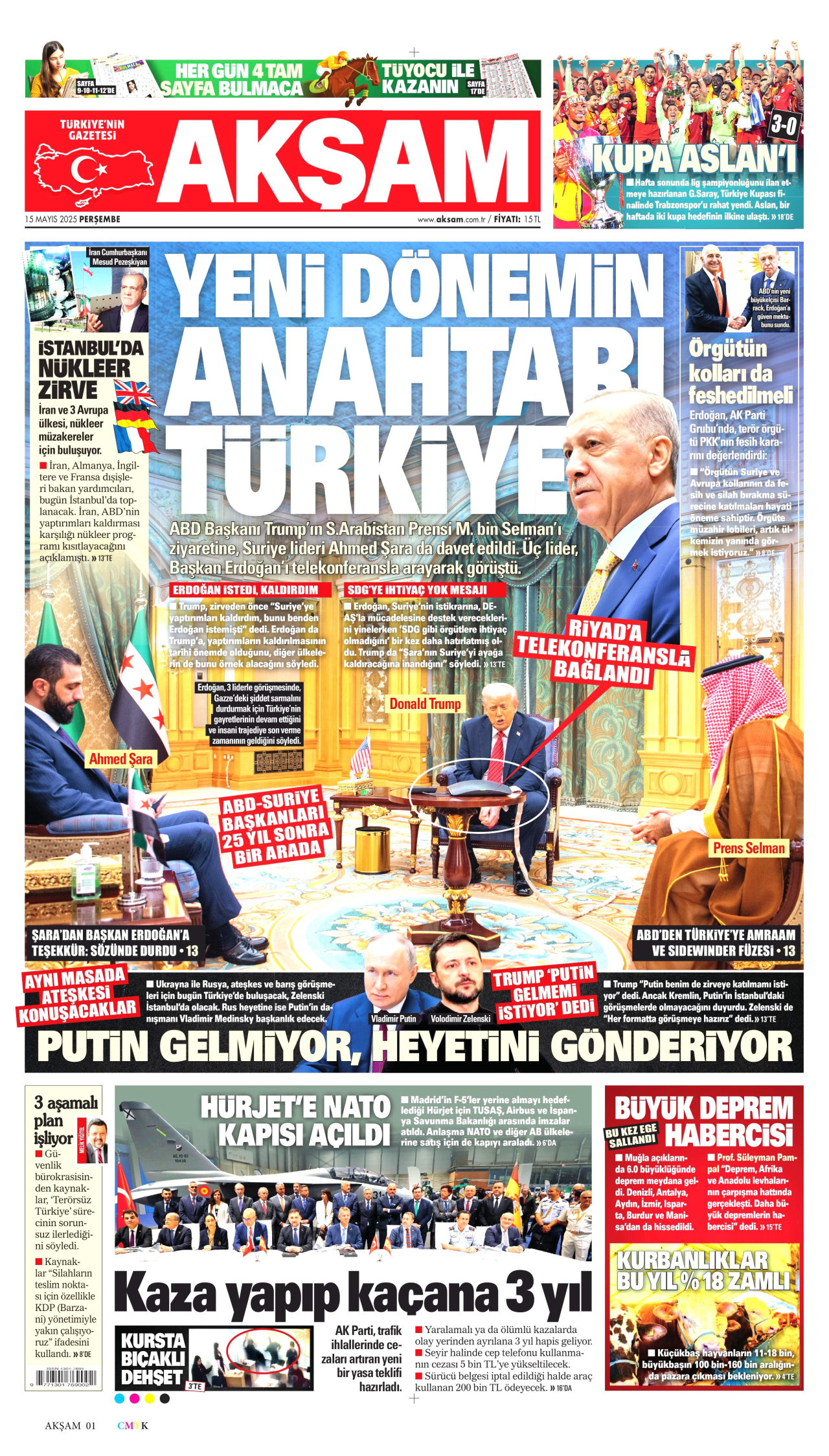 AKŞAM gazetesinin 15 Mayıs 2025 tarihli birinci sayfası