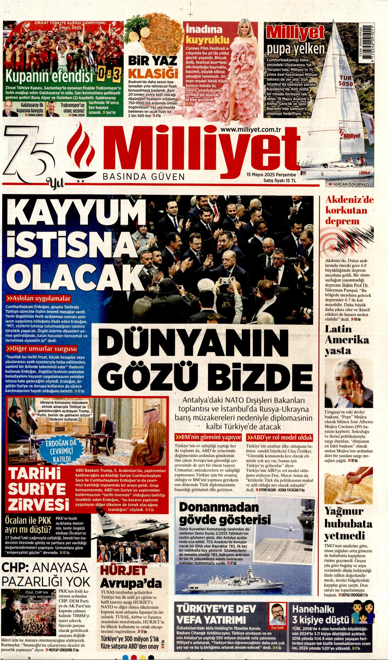 MİLLİYET gazetesinin 15 Mayıs 2025 tarihli birinci sayfası