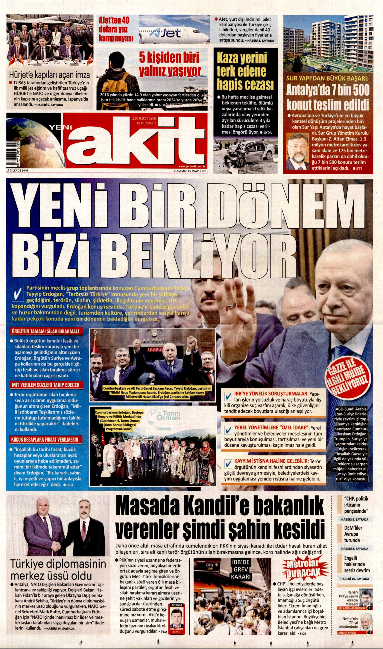 YENİ AKİT gazetesinin 15 Mayıs 2025 tarihli birinci sayfası