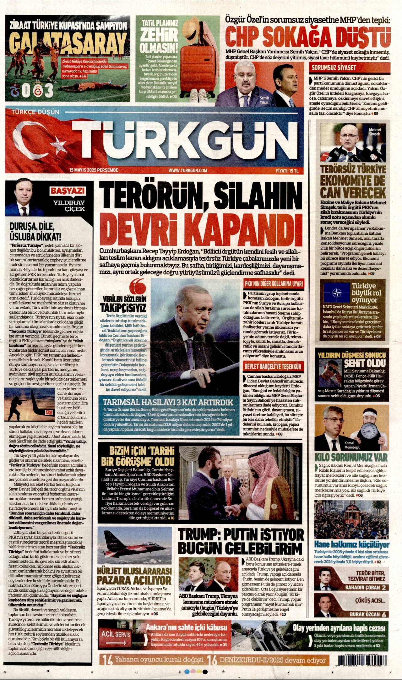 TÜRKGÜN gazetesinin 15 Mayıs 2025 tarihli birinci sayfası