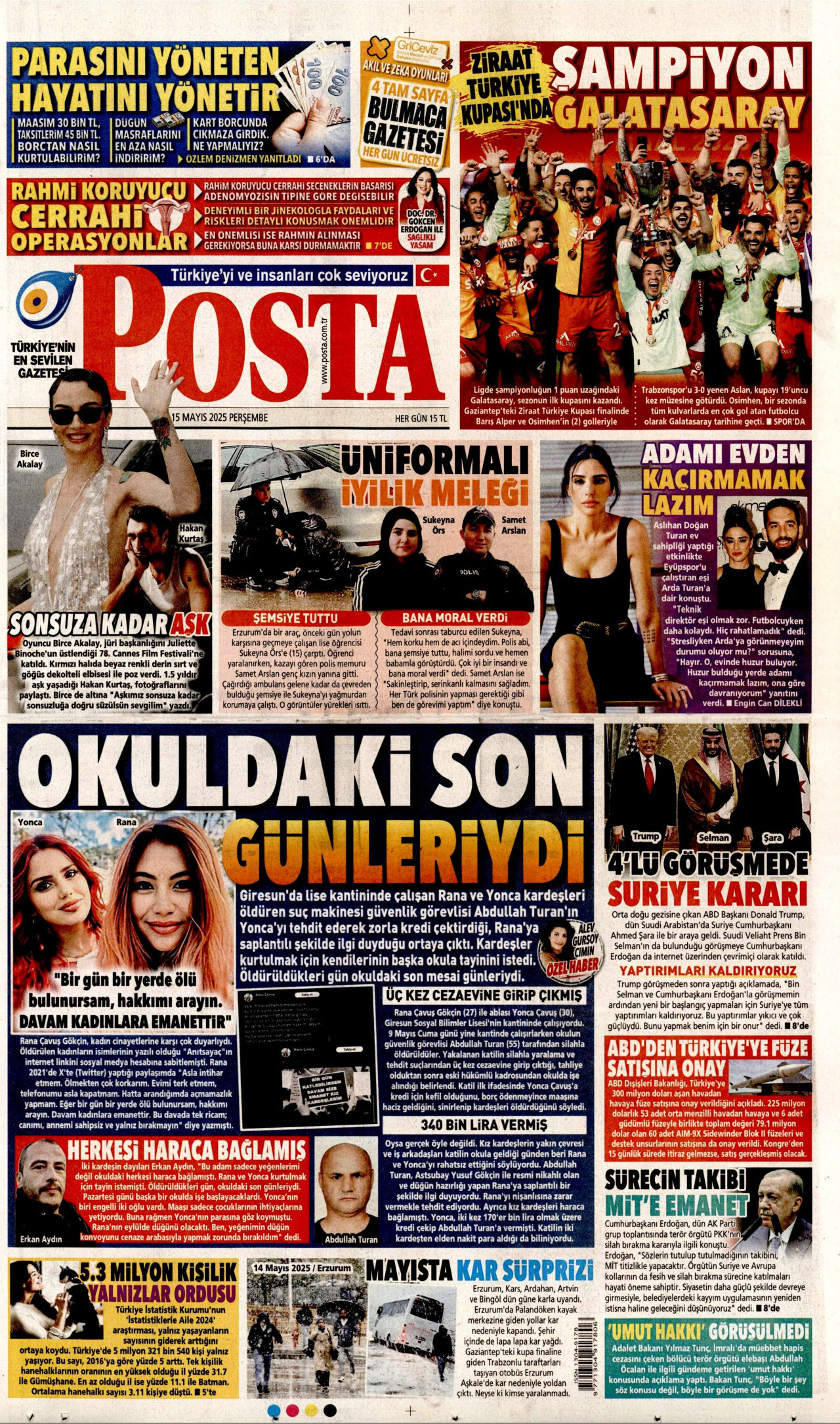 POSTA gazetesinin 15 Mayıs 2025 tarihli birinci sayfası