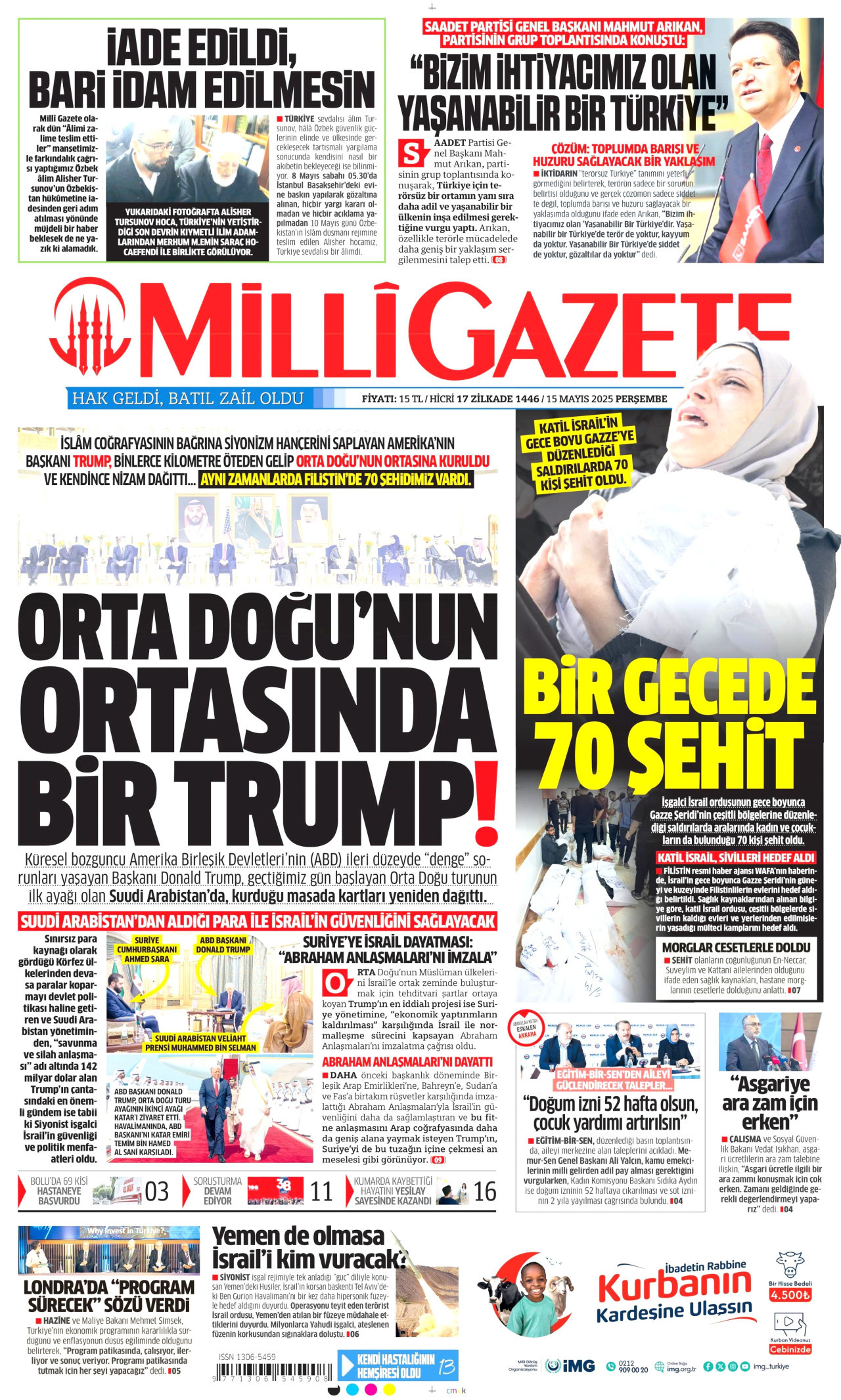 MİLLİ GAZETE gazetesinin 15 Mayıs 2025 tarihli birinci sayfası