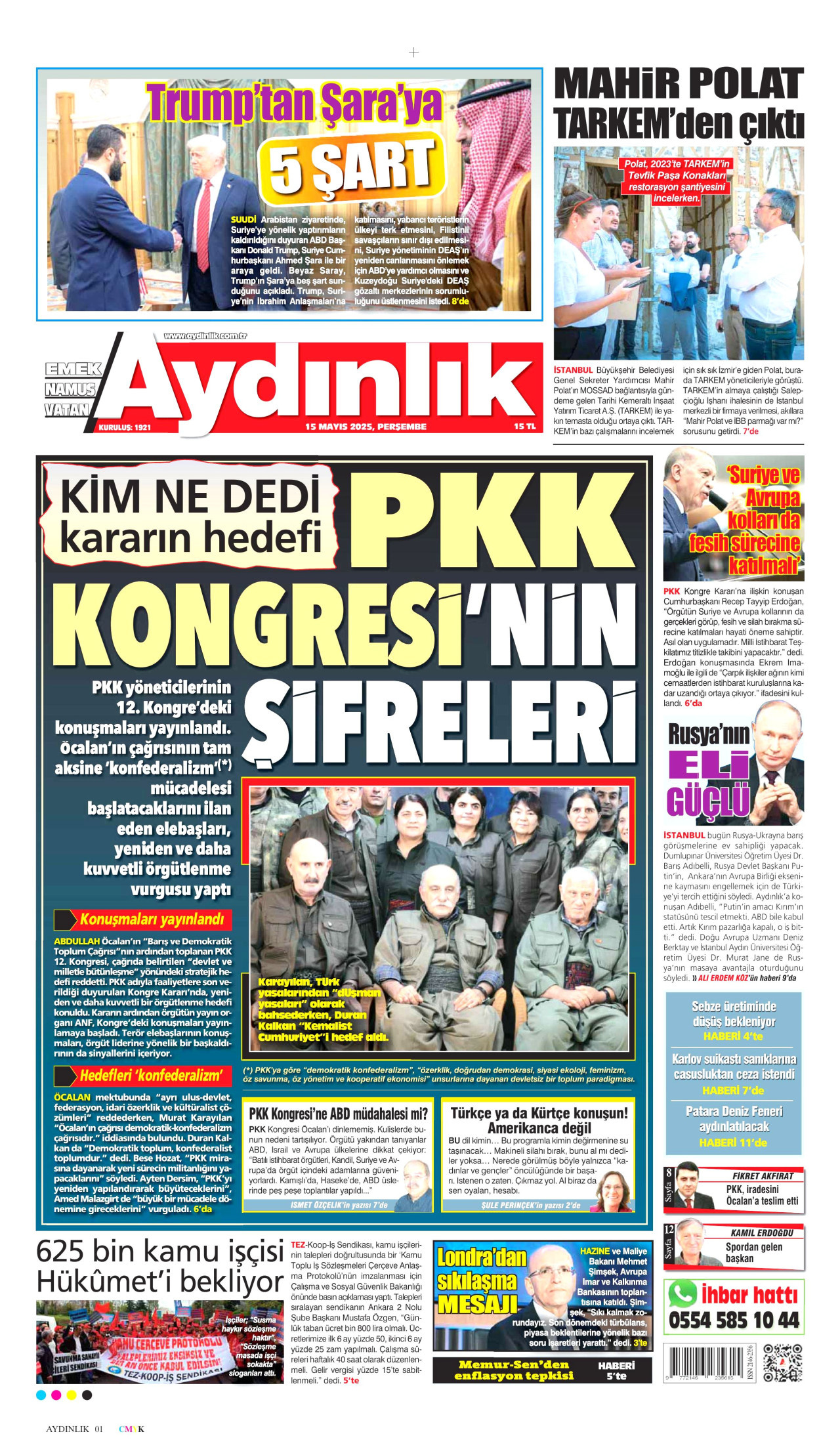 AYDINLIK GAZETESİ gazetesinin 15 Mayıs 2025 tarihli birinci sayfası