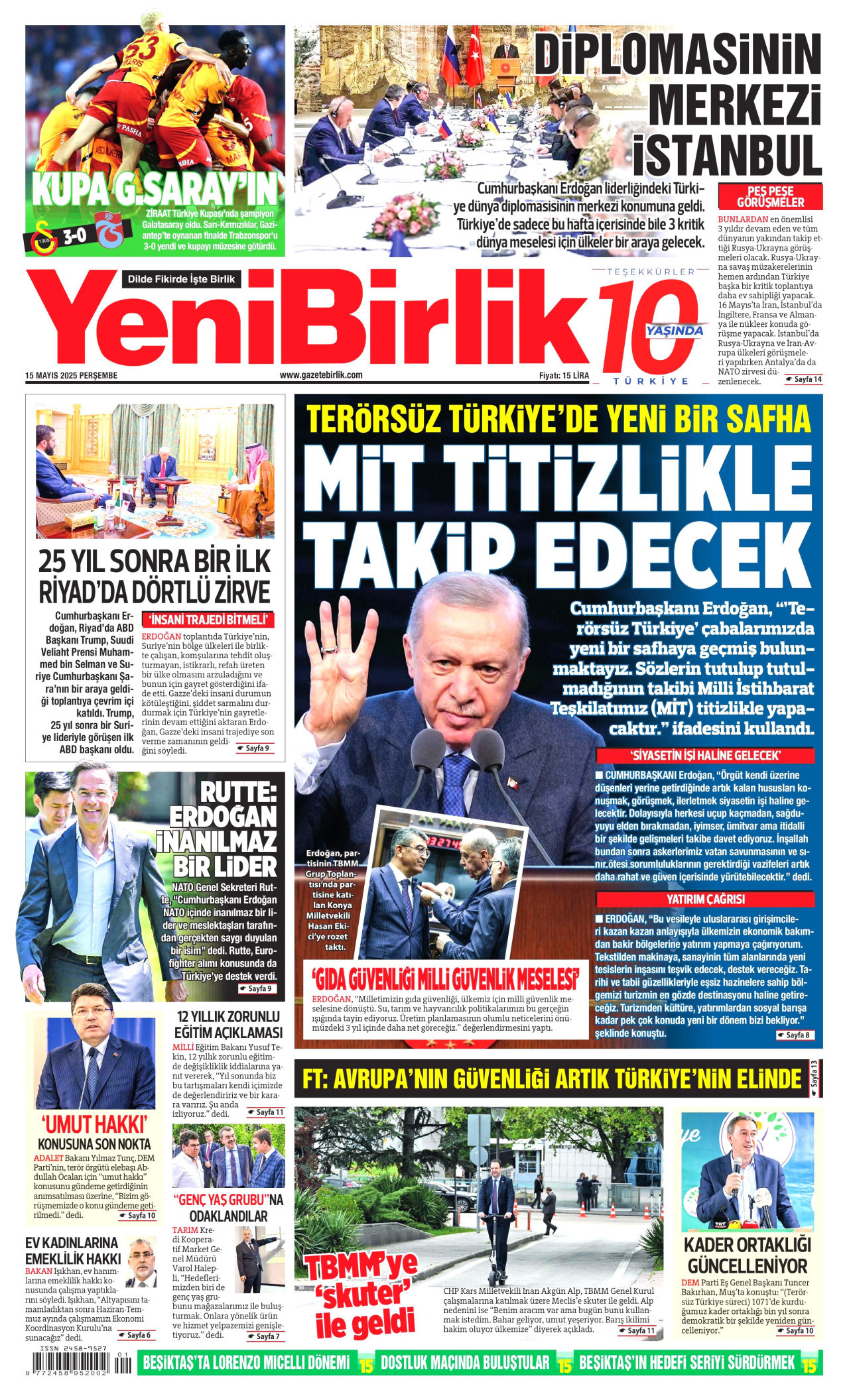 YENİBİRLİK gazetesinin 15 Mayıs 2025 tarihli birinci sayfası