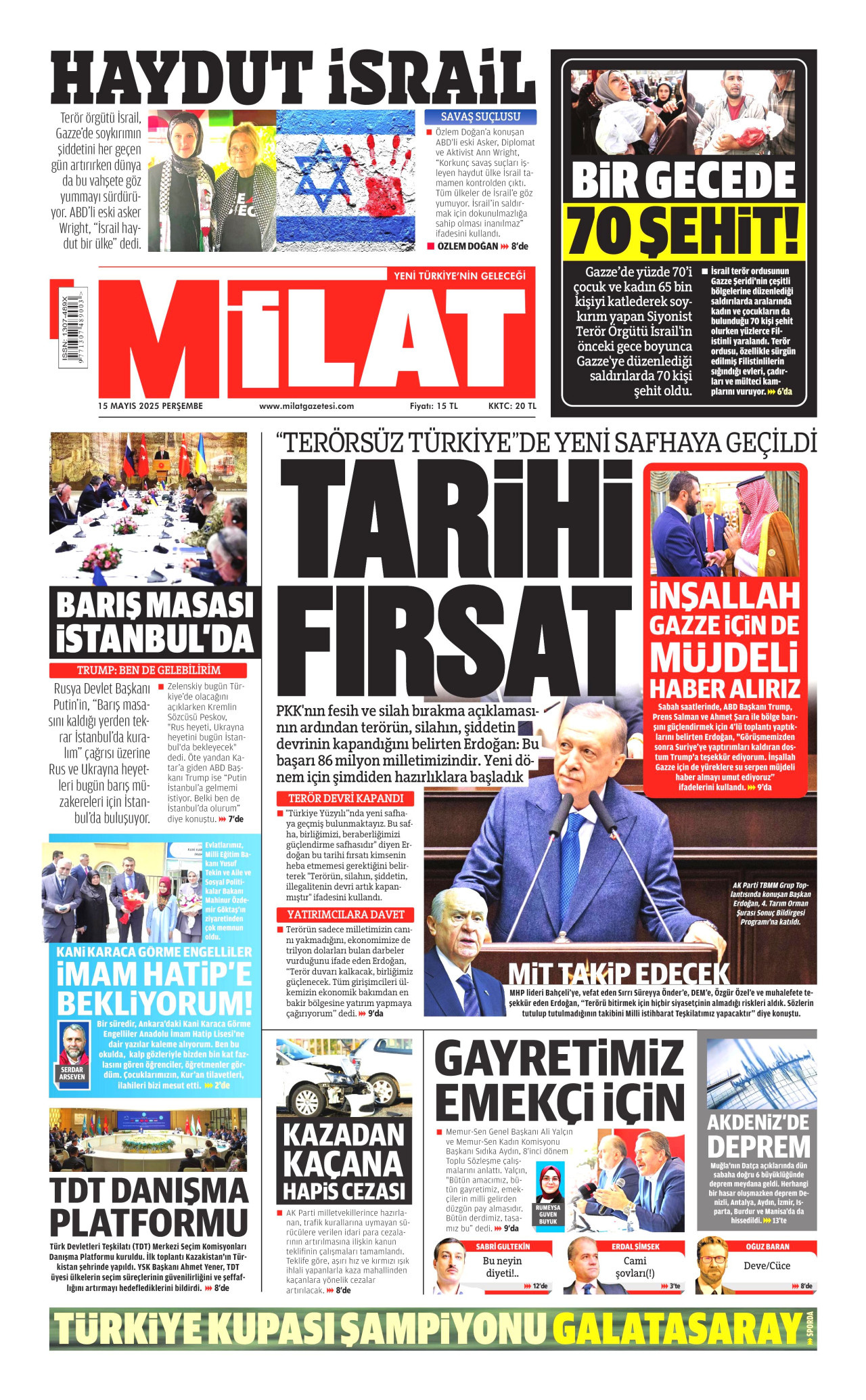 MİLAT gazetesinin 15 Mayıs 2025 tarihli birinci sayfası