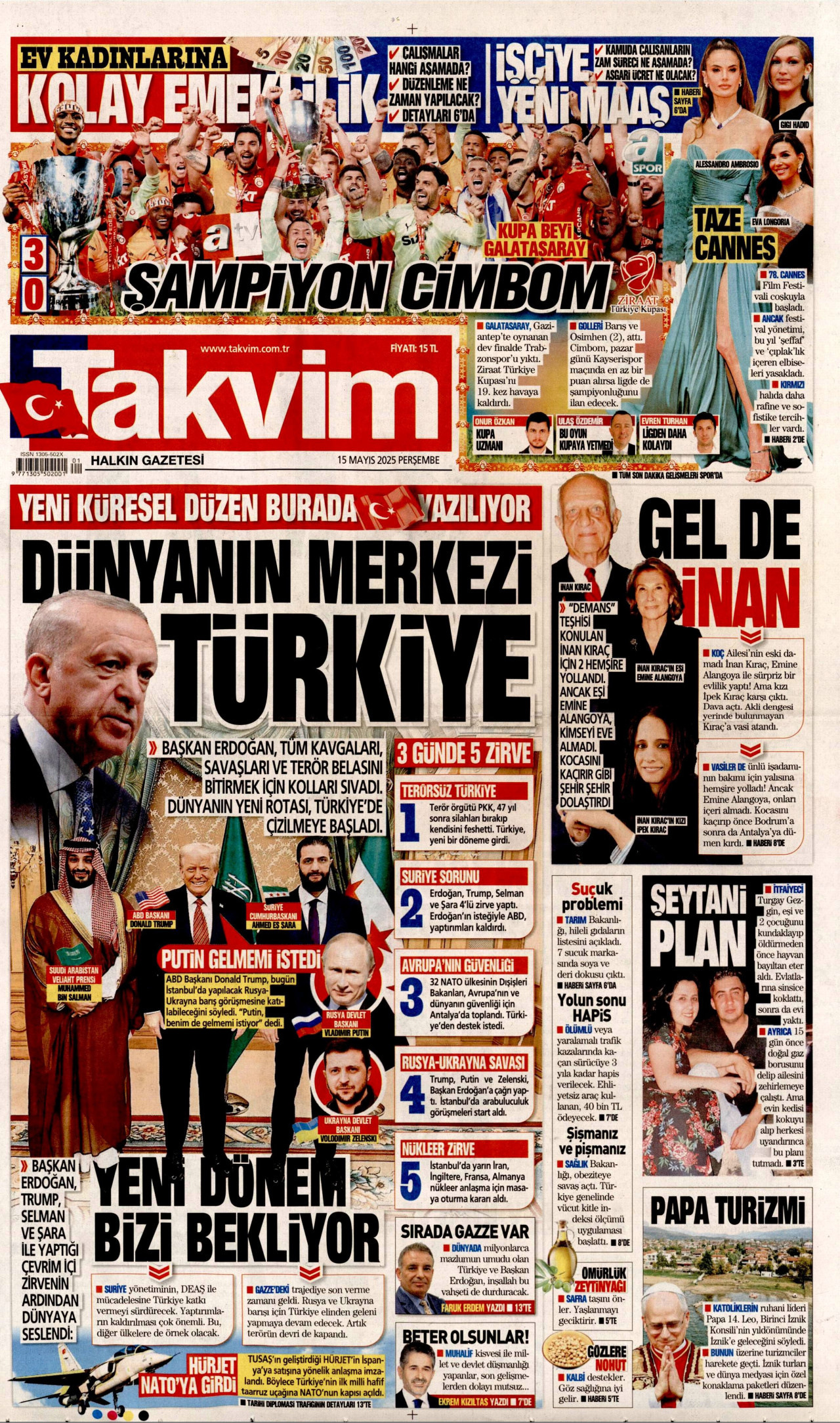 TAKVİM gazetesinin 15 Mayıs 2025 tarihli birinci sayfası