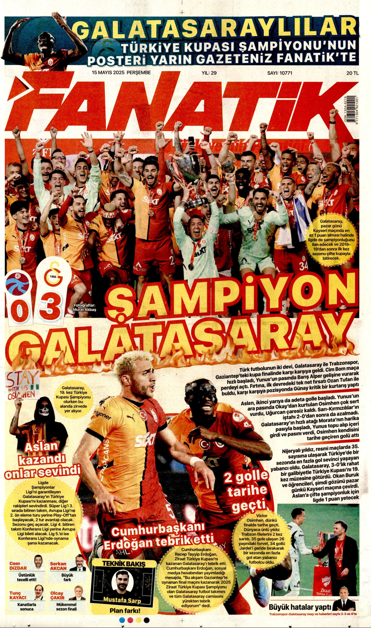 FANATİK gazetesinin 15 Mayıs 2025 tarihli birinci sayfası