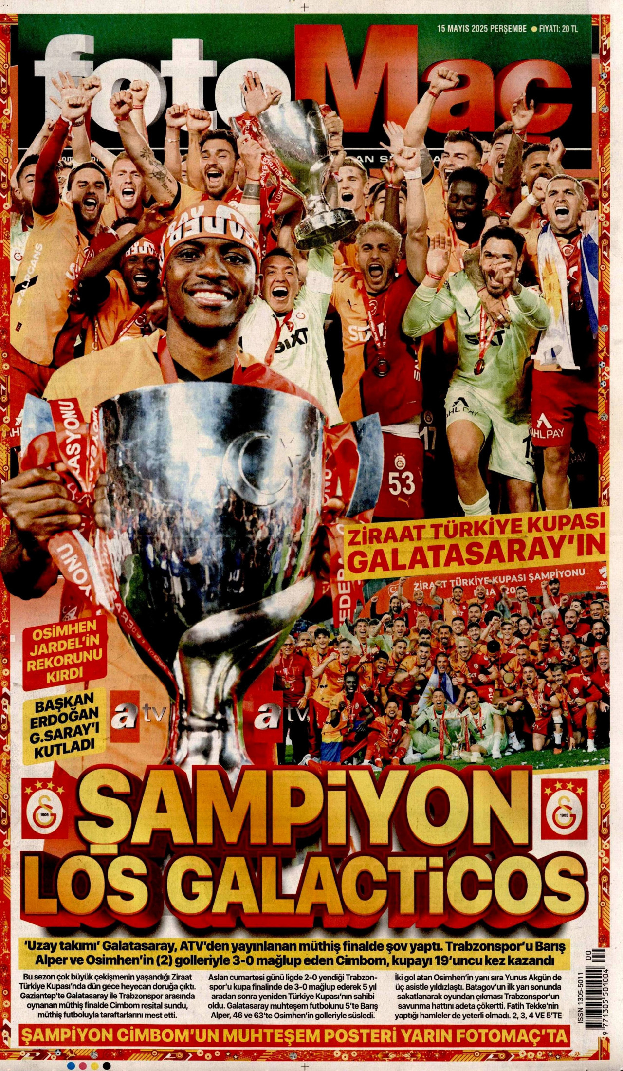 FOTOMAÇ gazetesinin 15 Mayıs 2025 tarihli birinci sayfası