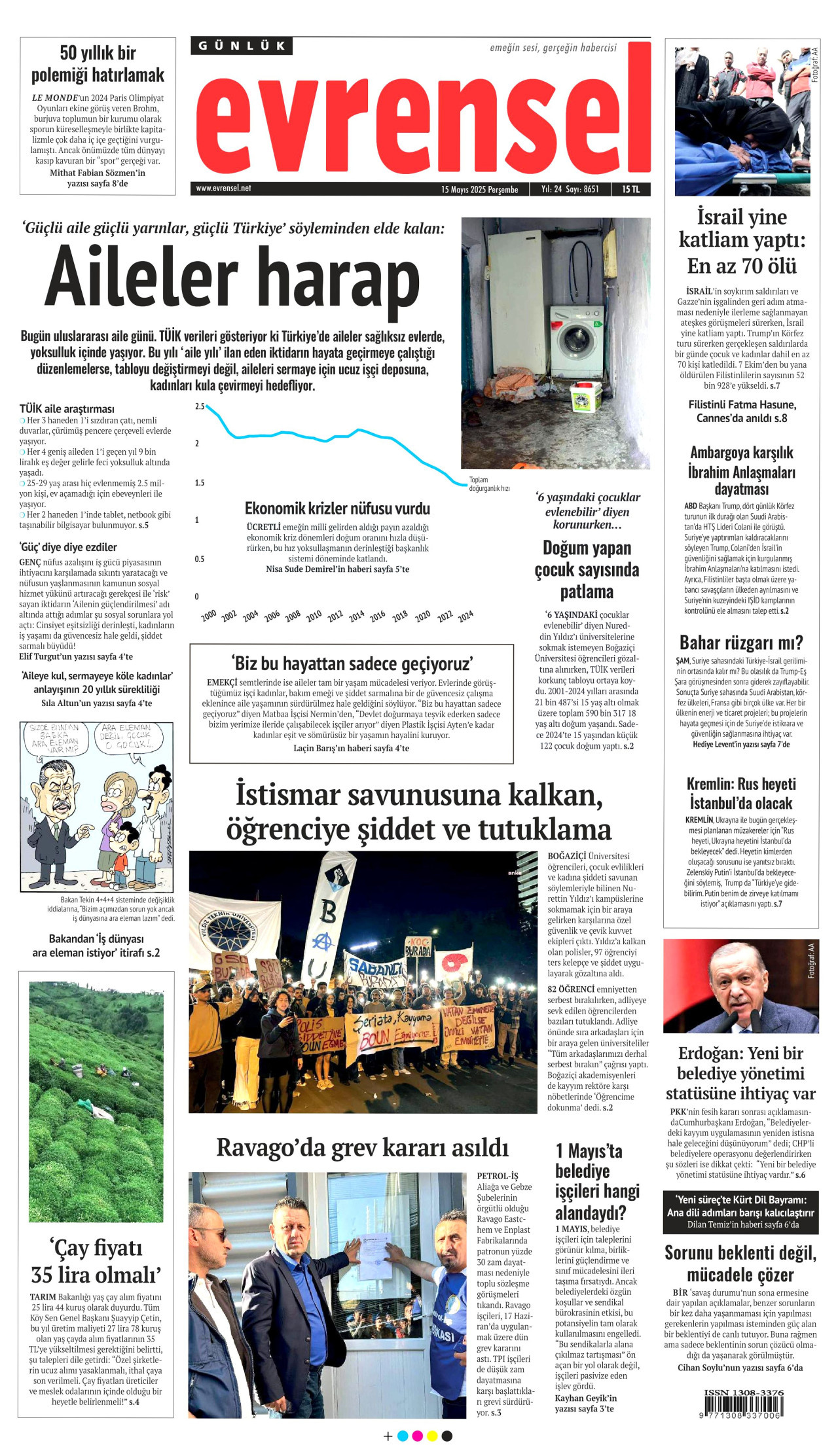 EVRENSEL gazetesinin 15 Mayıs 2025 tarihli birinci sayfası