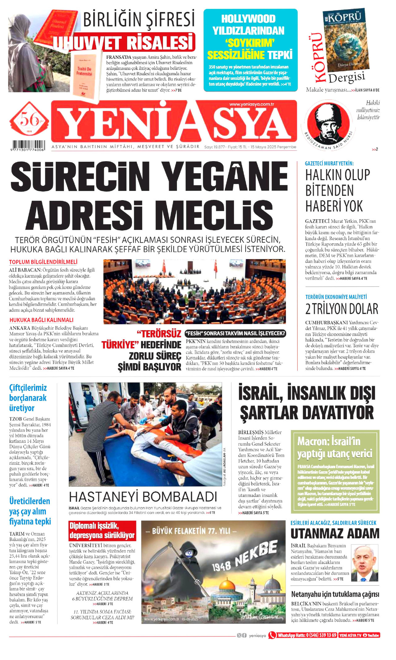 YENİ ASYA gazetesinin 15 Mayıs 2025 tarihli birinci sayfası