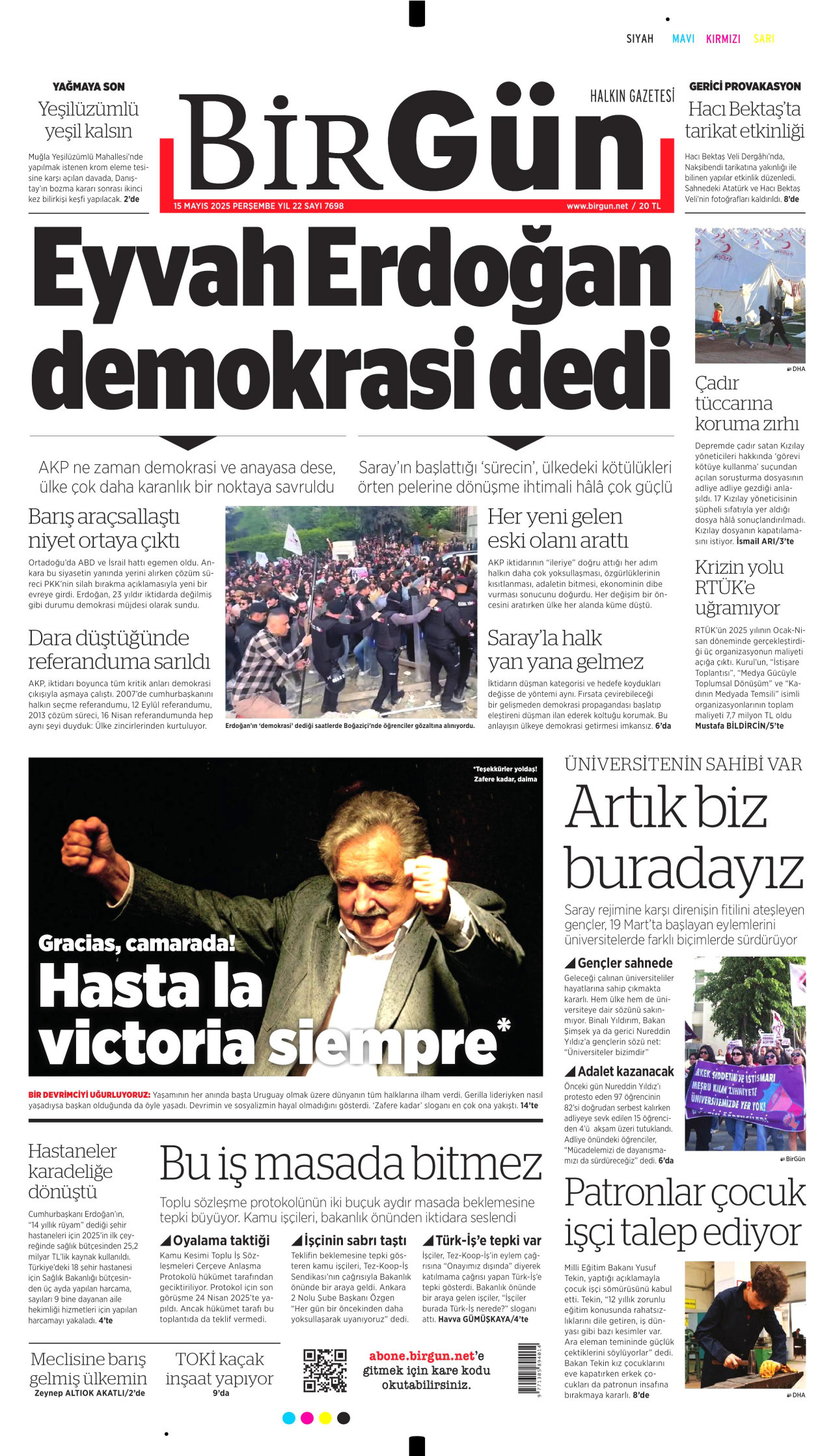 BİRGÜN gazetesinin 15 Mayıs 2025 tarihli birinci sayfası