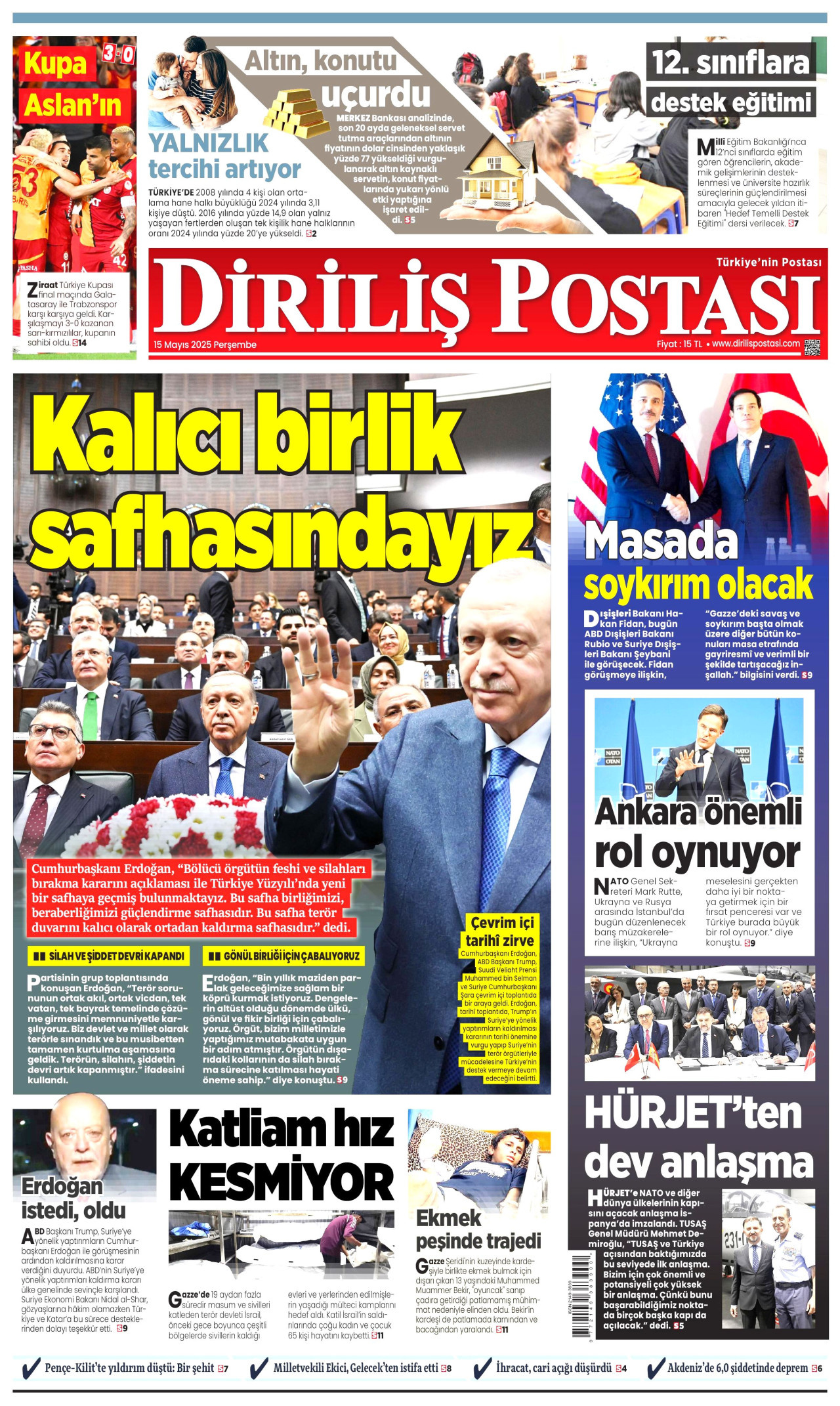 DİRİLİŞ POSTASI gazetesinin 15 Mayıs 2025 tarihli birinci sayfası