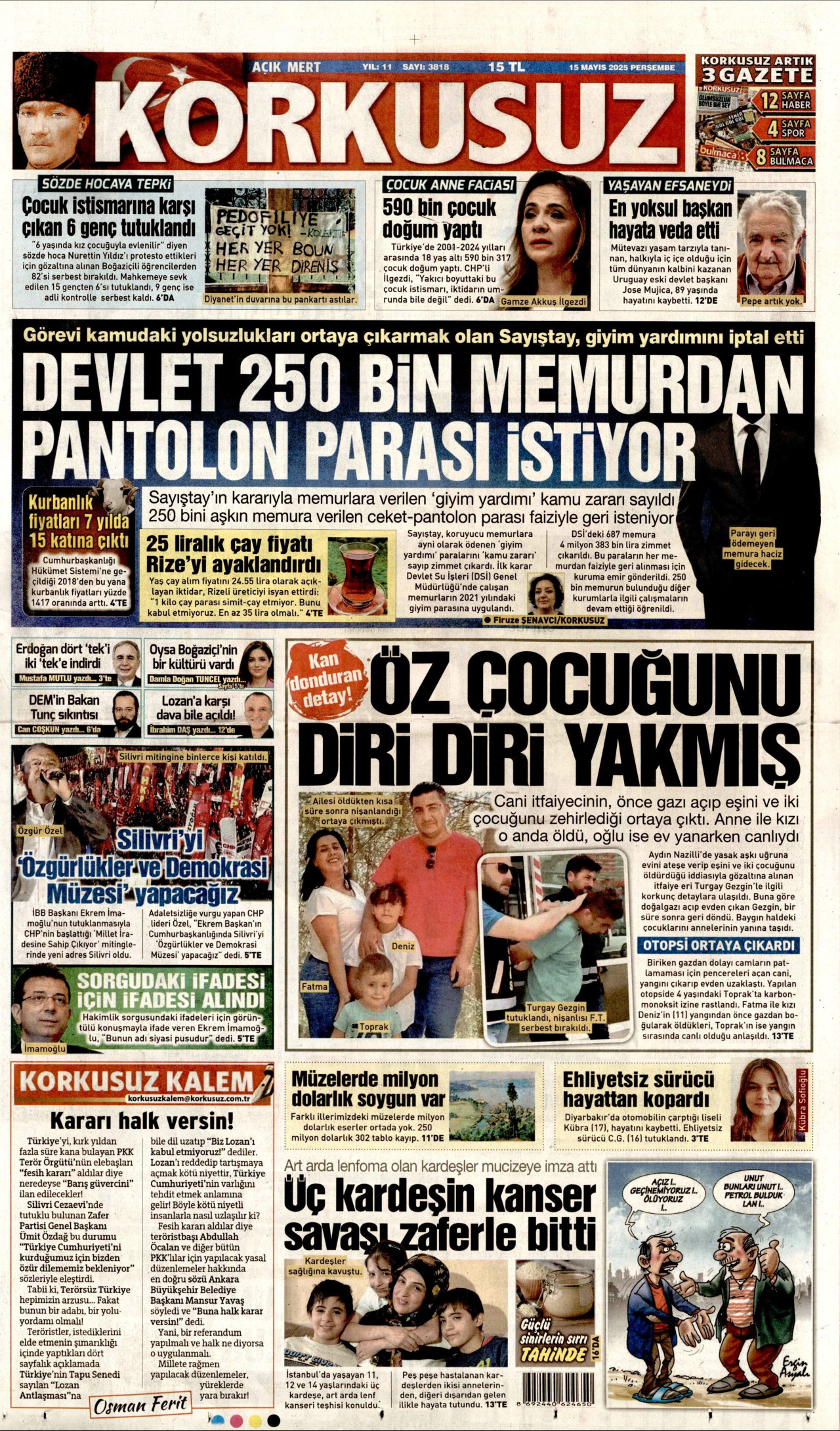 KORKUSUZ gazetesinin 15 Mayıs 2025 tarihli birinci sayfası