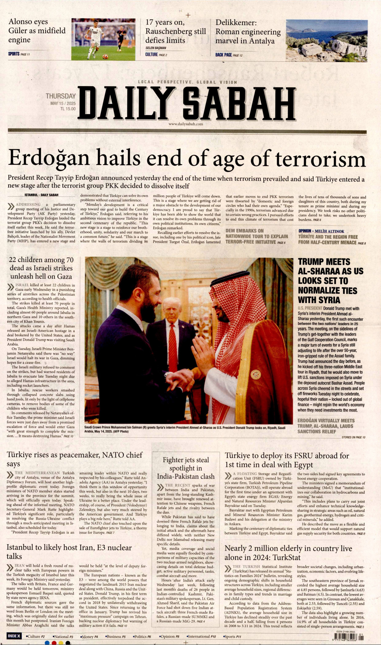 DAİLY SABAH gazetesinin 15 Mayıs 2025 tarihli birinci sayfası