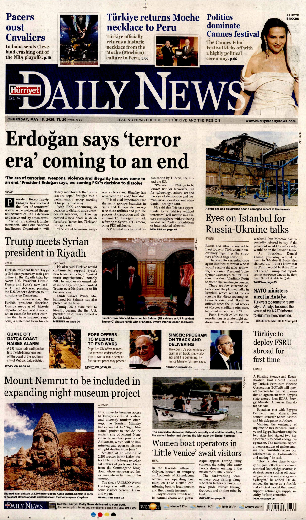 HÜRRİYET DAİLY NEWS gazetesinin 15 Mayıs 2025 tarihli birinci sayfası