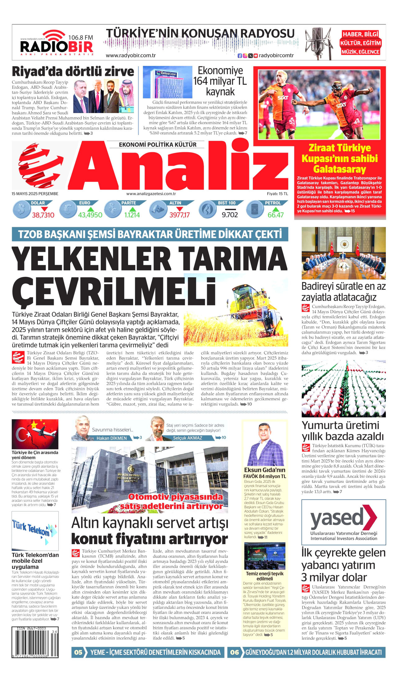 ANALİZ gazetesinin 15 Mayıs 2025 tarihli birinci sayfası