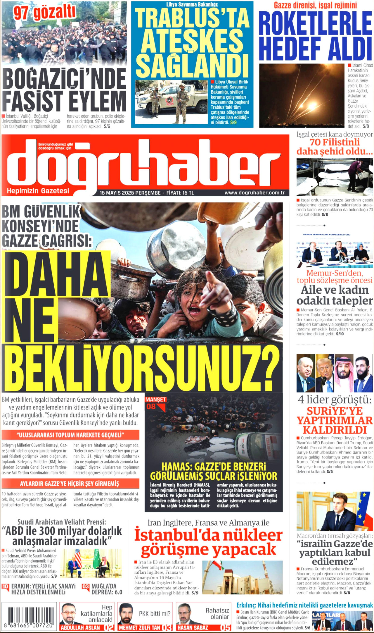 DOĞRU HABER gazetesinin 15 Mayıs 2025 tarihli birinci sayfası