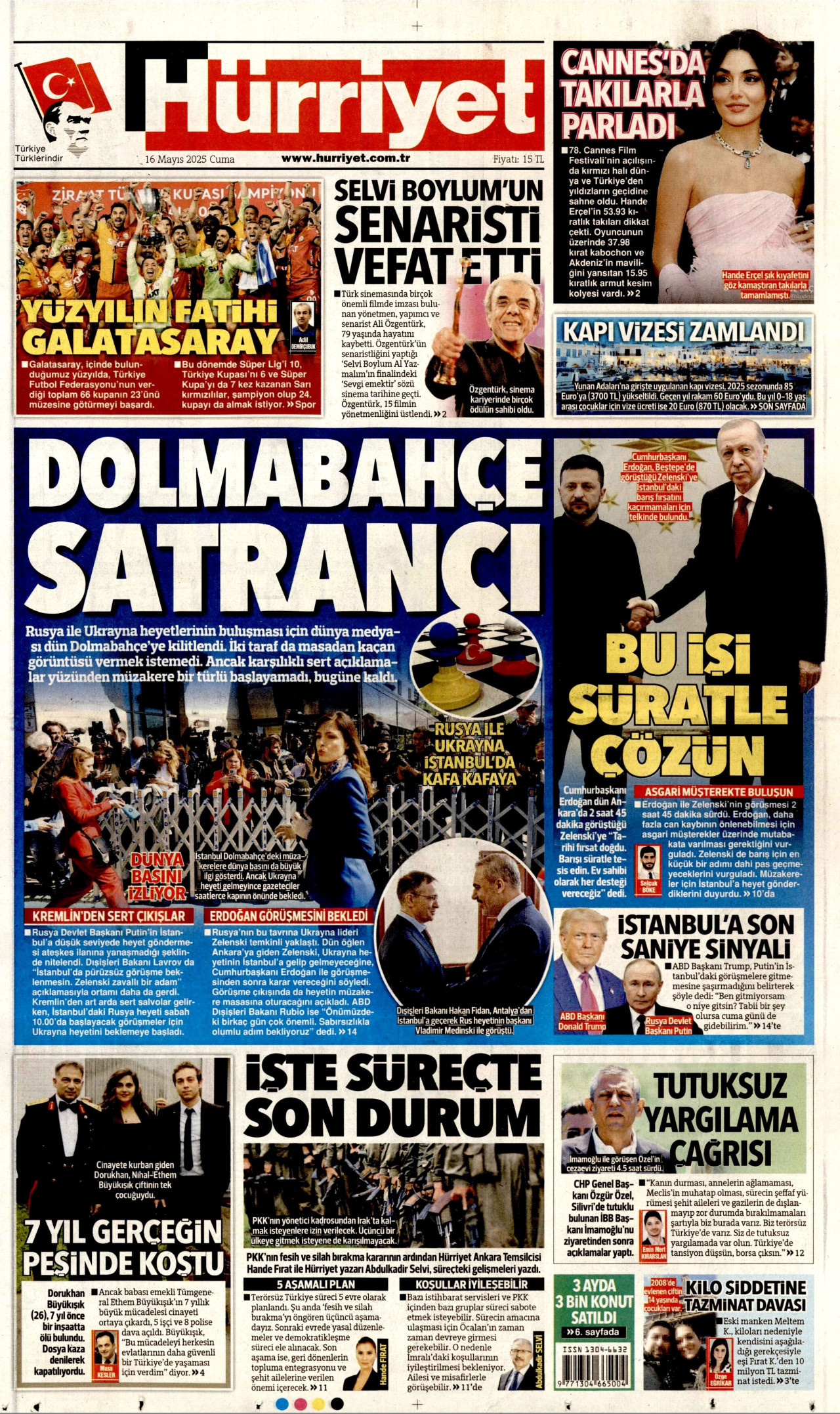 HÜRRİYET gazetesinin 16 Mayıs 2025 tarihli birinci sayfası
