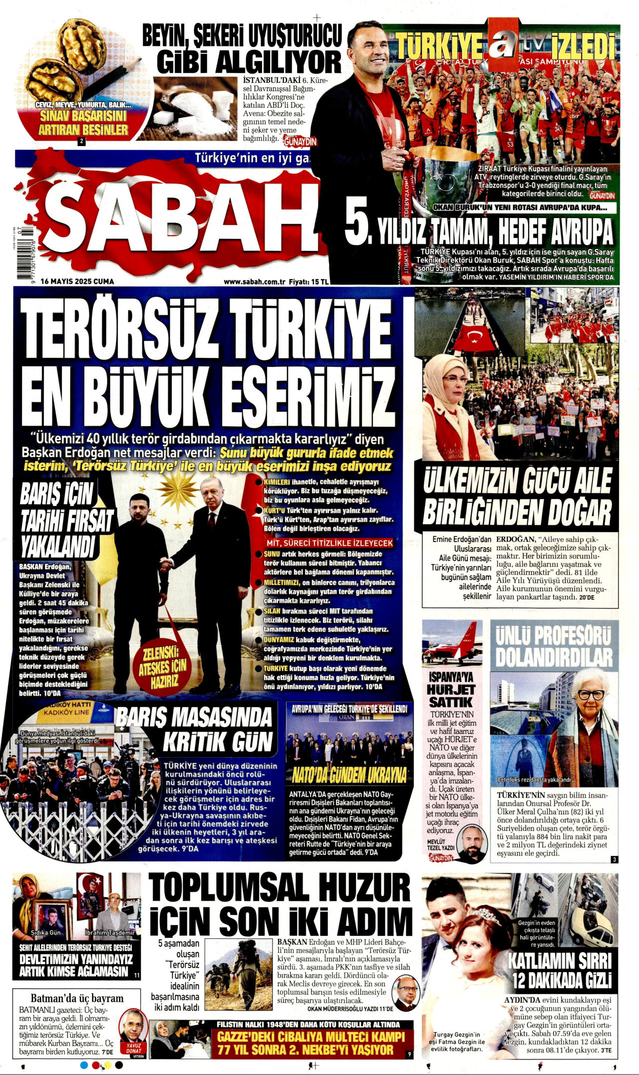 SABAH gazetesinin 16 Mayıs 2025 tarihli birinci sayfası