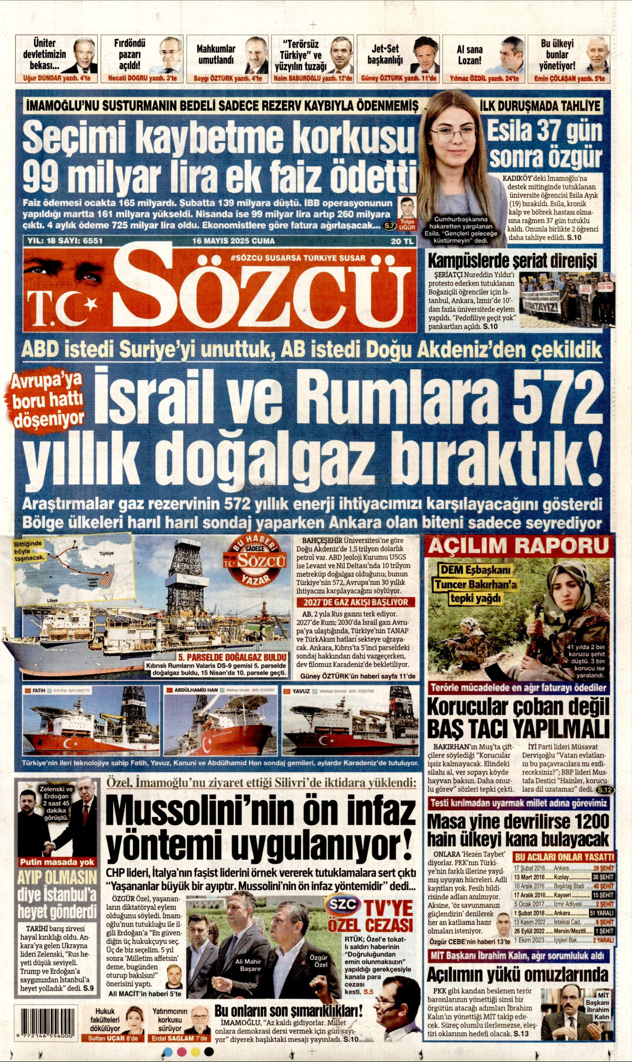 SÖZCÜ gazetesinin 16 Mayıs 2025 tarihli birinci sayfası