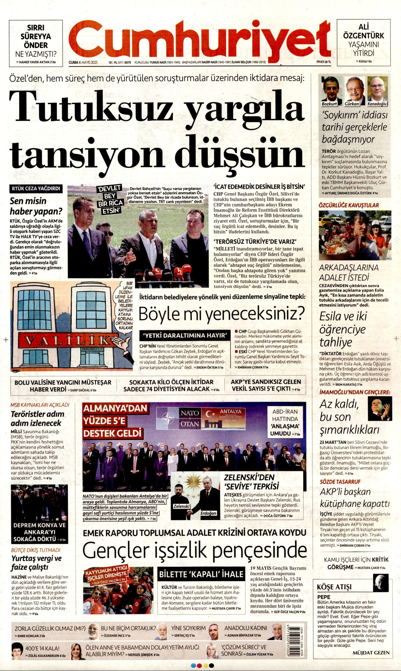 CUMHURİYET gazetesinin 16 Mayıs 2025 tarihli birinci sayfası