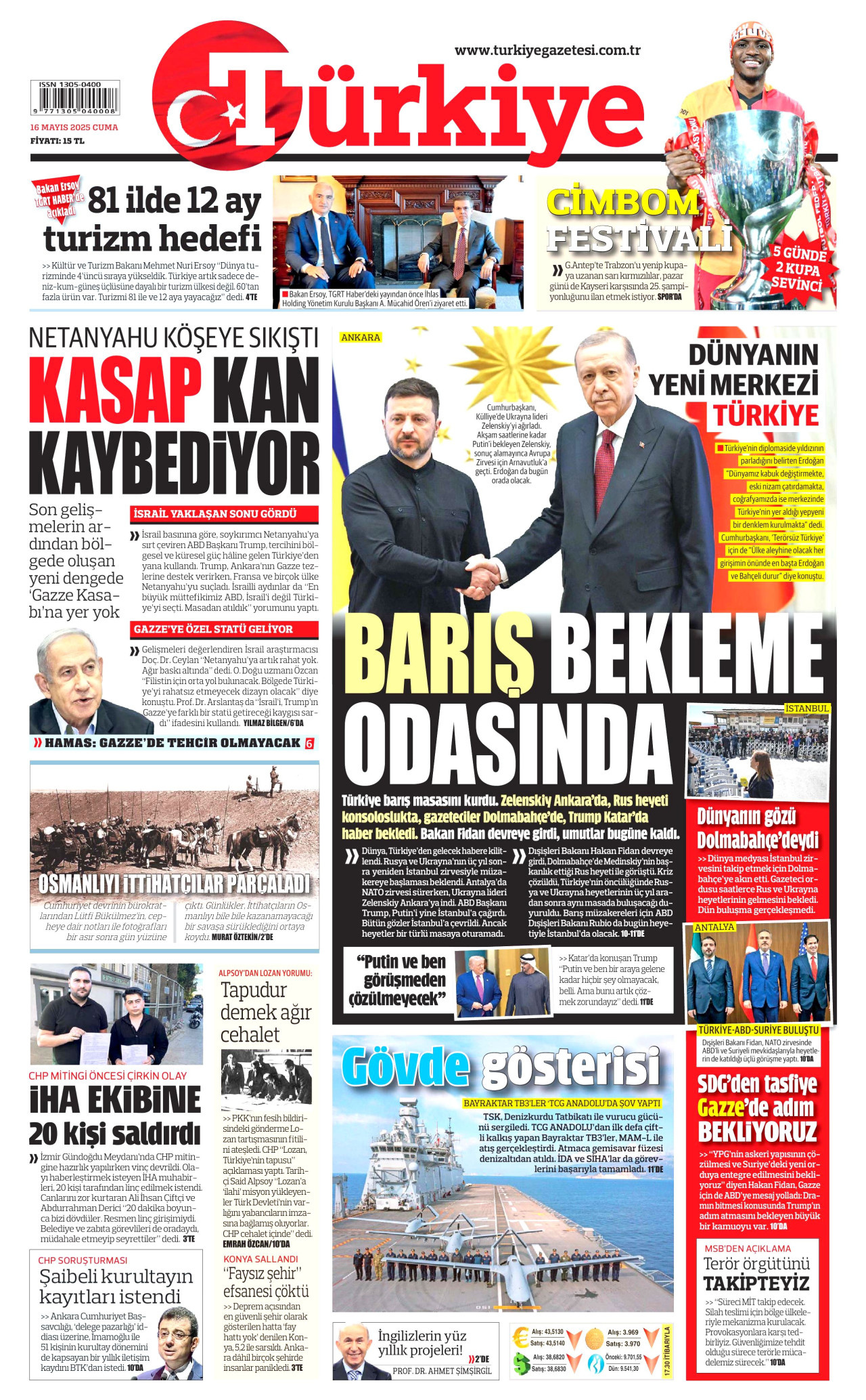 TÜRKİYE GAZETESİ gazetesinin 16 Mayıs 2025 tarihli birinci sayfası