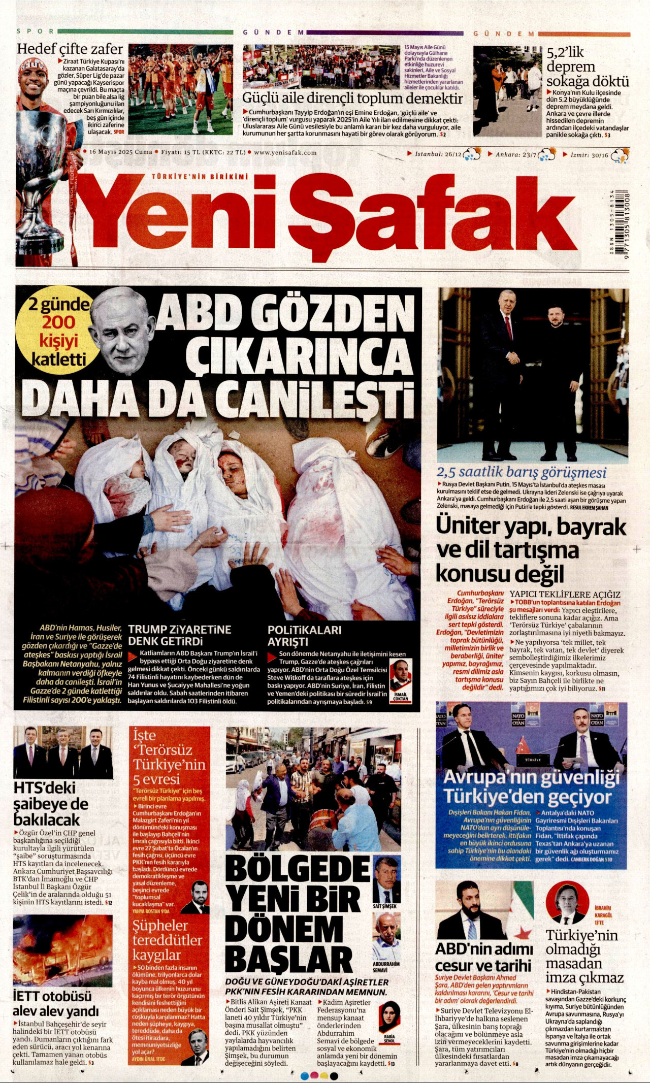 YENİ ŞAFAK gazetesinin 16 Mayıs 2025 tarihli birinci sayfası
