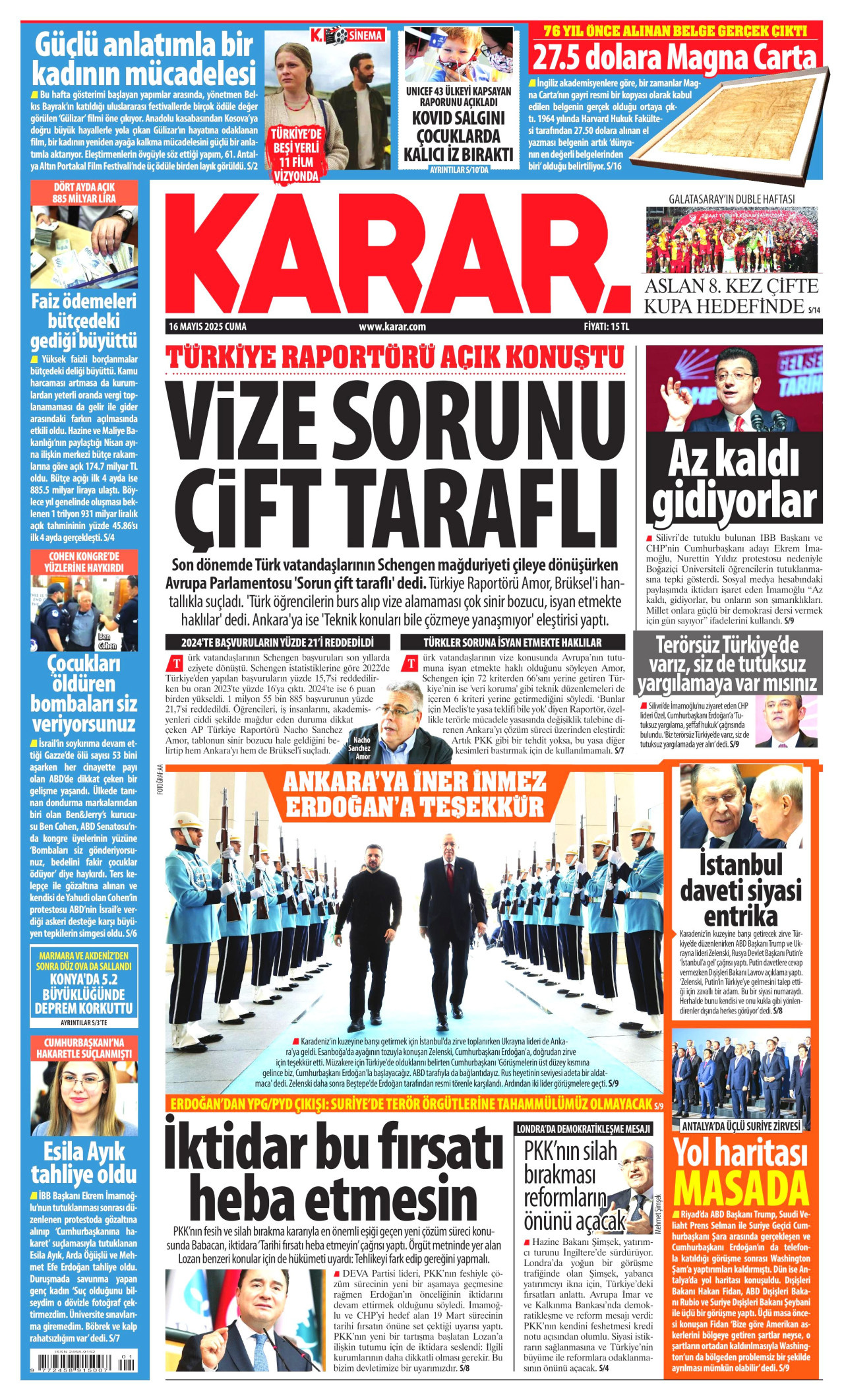 KARAR gazetesinin 16 Mayıs 2025 tarihli birinci sayfası