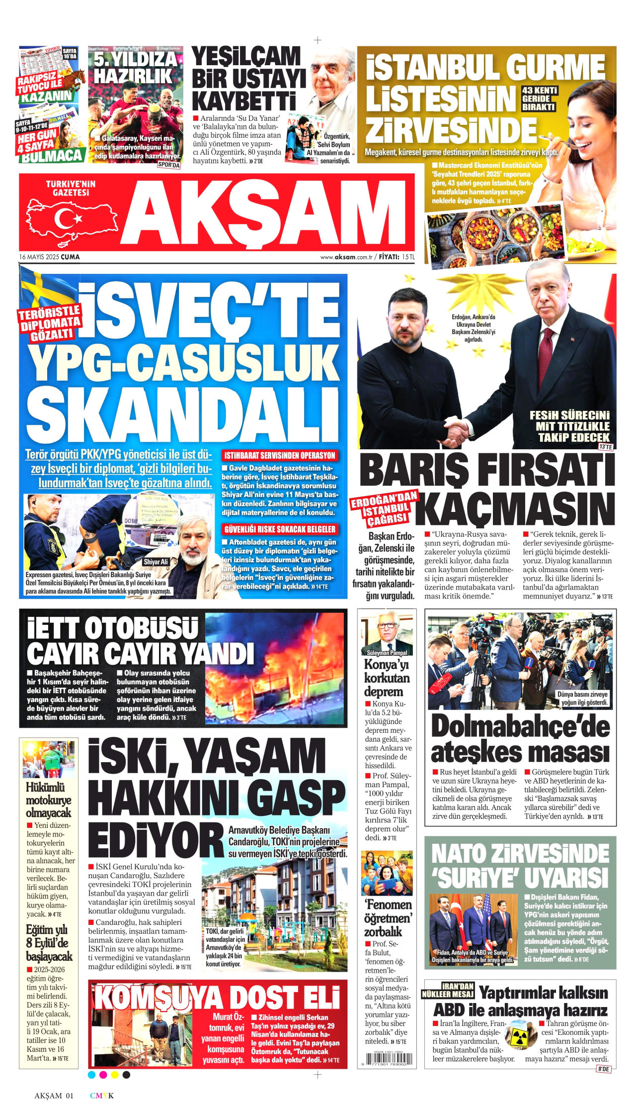 AKŞAM gazetesinin 16 Mayıs 2025 tarihli birinci sayfası