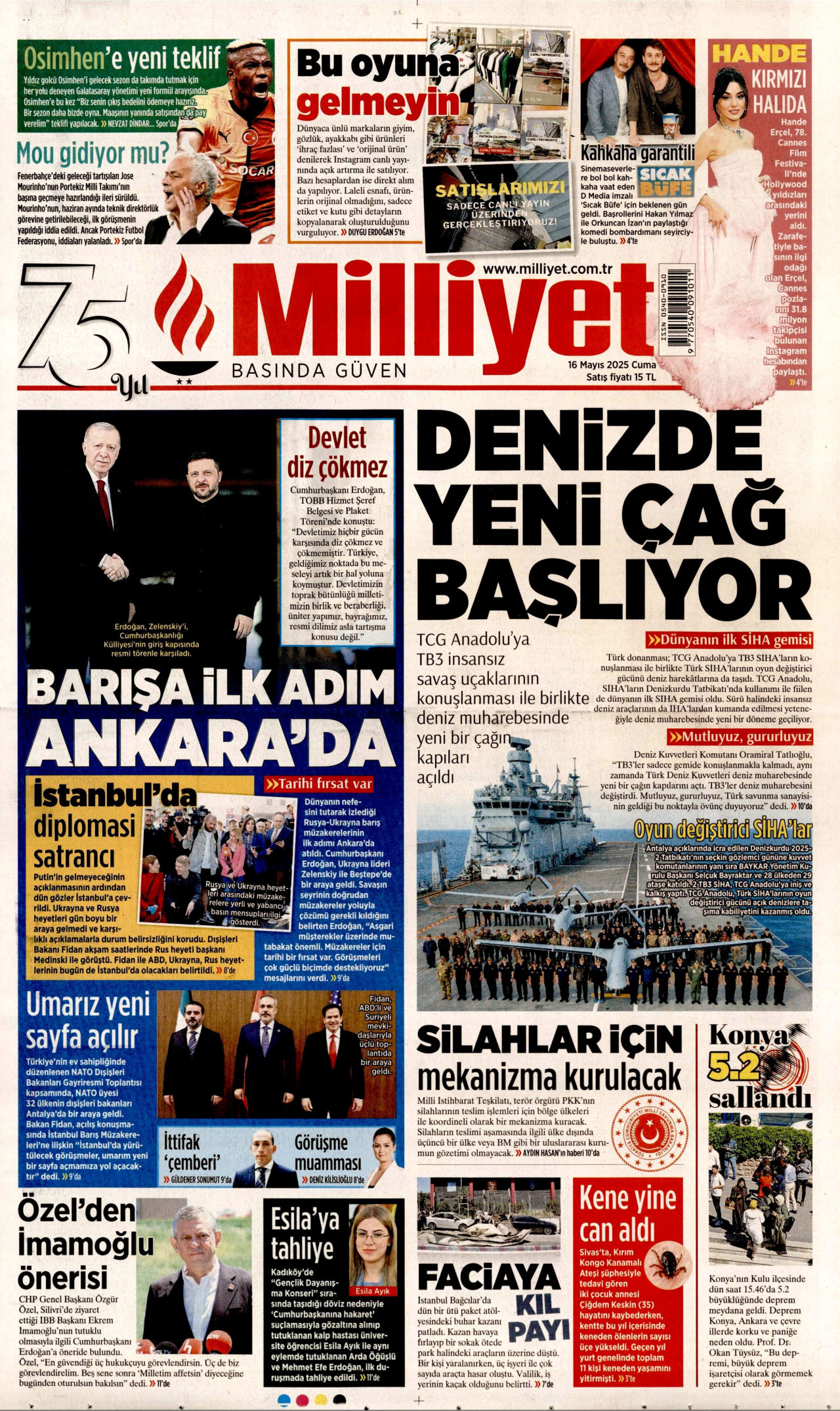 MİLLİYET gazetesinin 16 Mayıs 2025 tarihli birinci sayfası