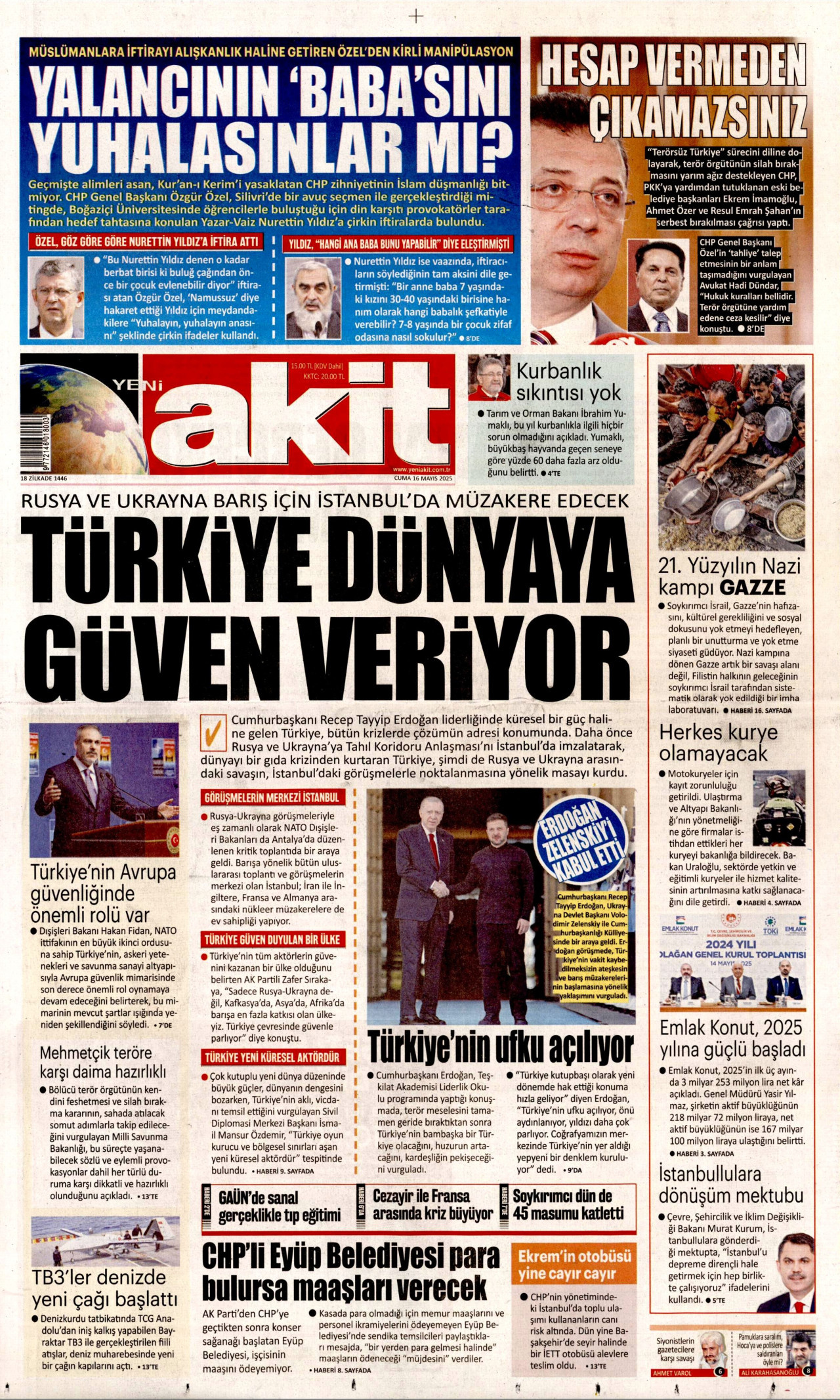 YENİ AKİT gazetesinin 16 Mayıs 2025 tarihli birinci sayfası