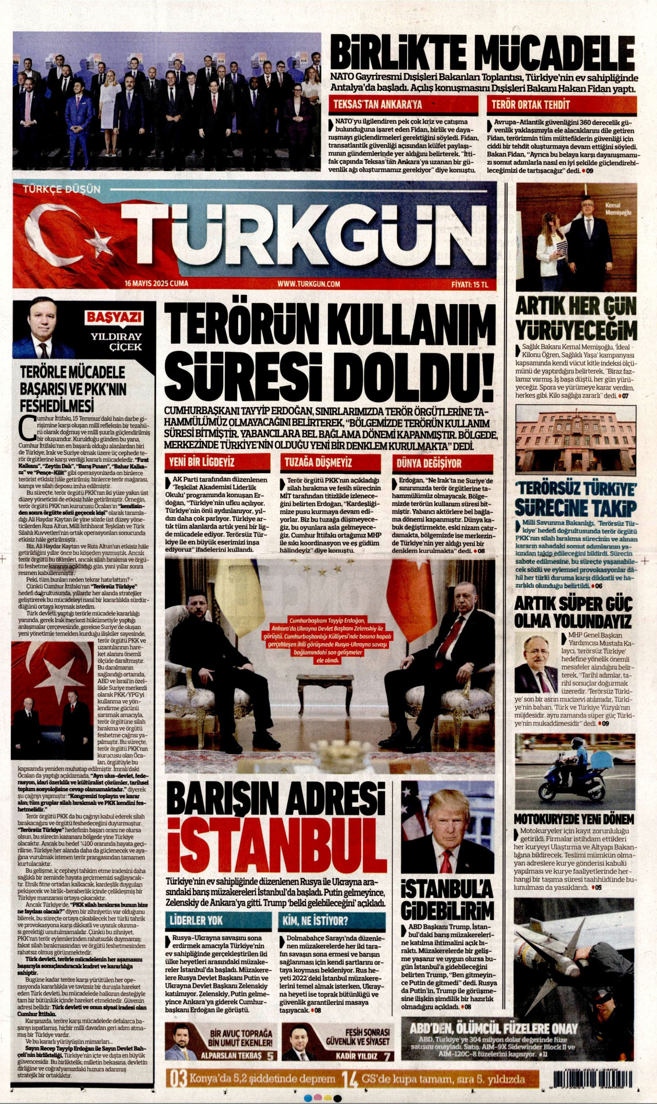 TÜRKGÜN gazetesinin 16 Mayıs 2025 tarihli birinci sayfası