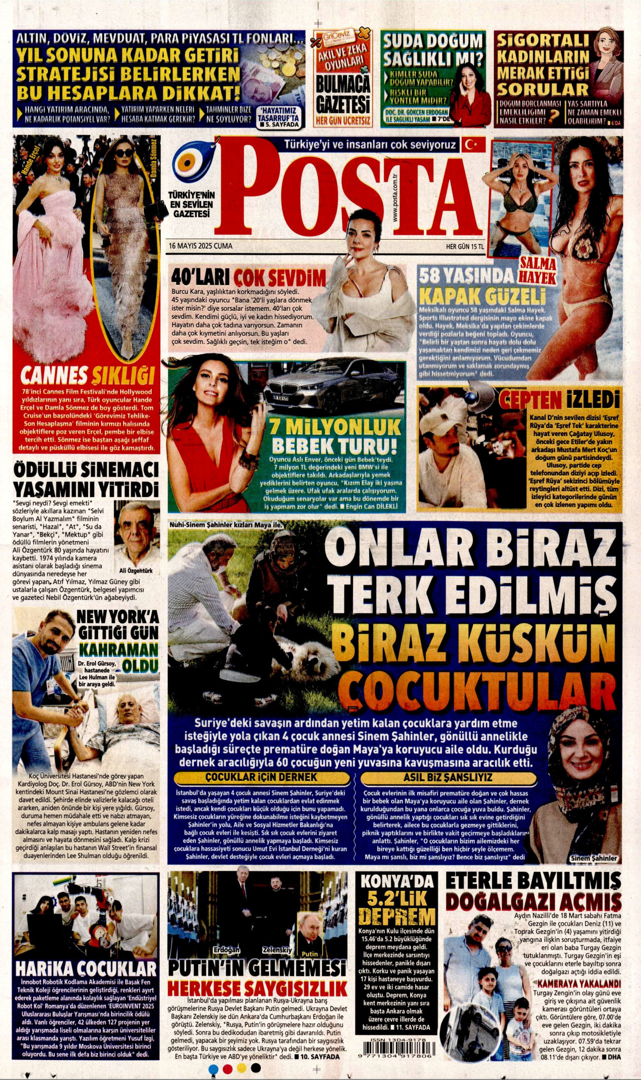 POSTA gazetesinin 16 Mayıs 2025 tarihli birinci sayfası