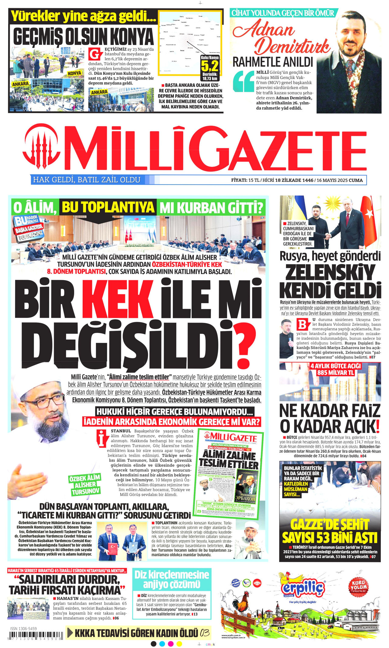 MİLLİ GAZETE gazetesinin 16 Mayıs 2025 tarihli birinci sayfası