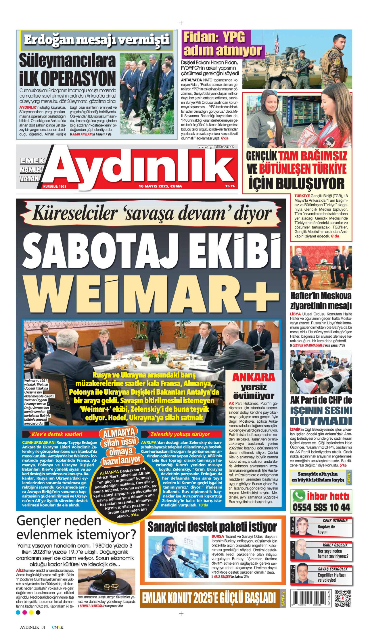 AYDINLIK GAZETESİ gazetesinin 16 Mayıs 2025 tarihli birinci sayfası