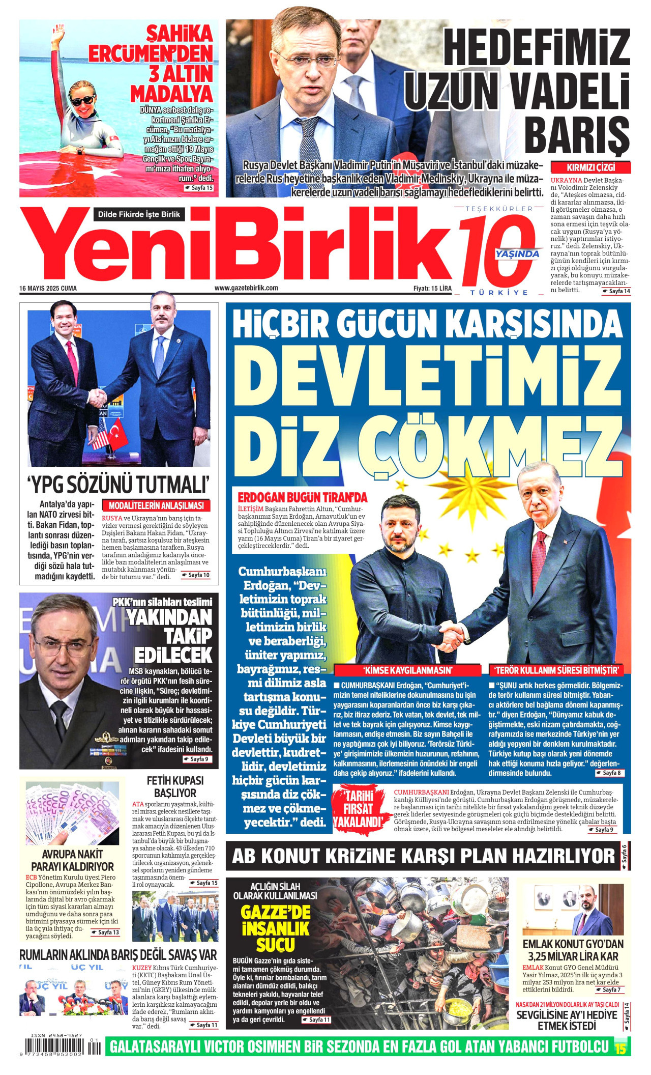 YENİBİRLİK gazetesinin 16 Mayıs 2025 tarihli birinci sayfası