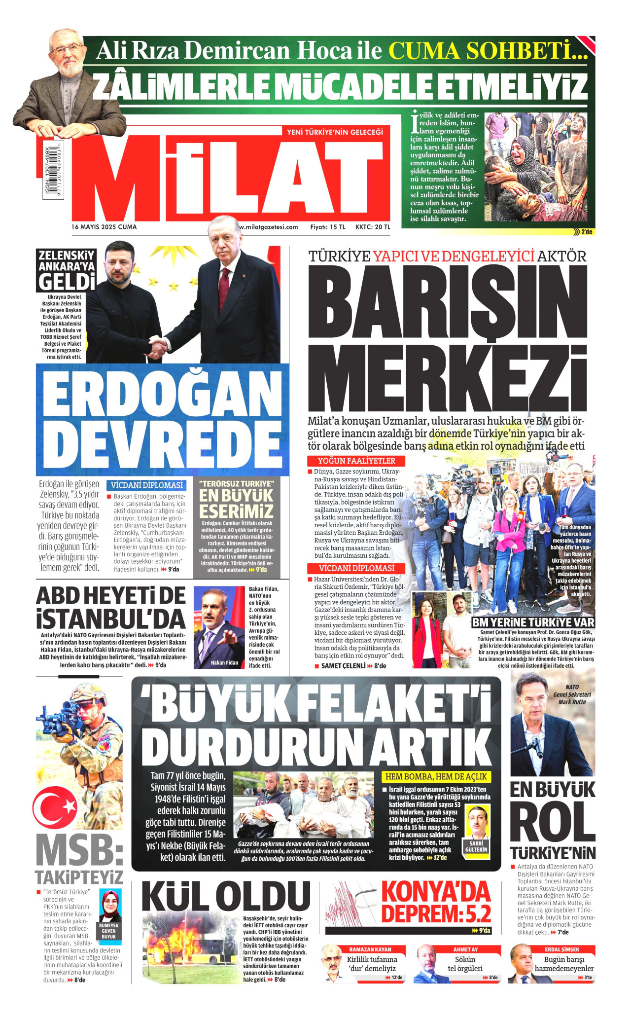 MİLAT gazetesinin 16 Mayıs 2025 tarihli birinci sayfası