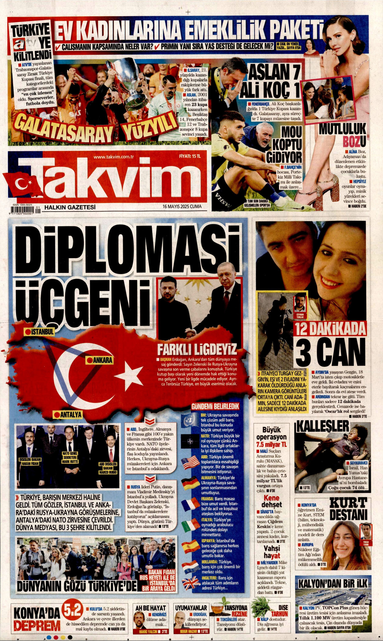 TAKVİM gazetesinin 16 Mayıs 2025 tarihli birinci sayfası