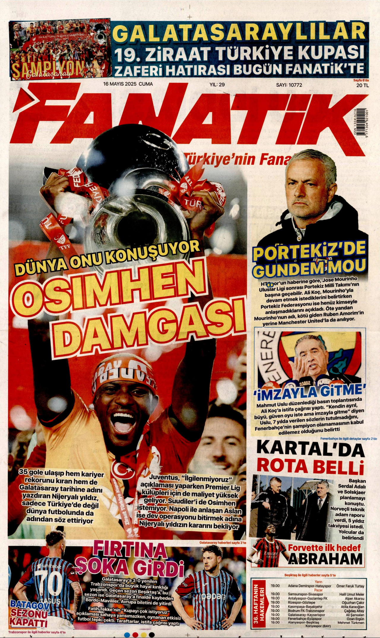 FANATİK gazetesinin 16 Mayıs 2025 tarihli birinci sayfası