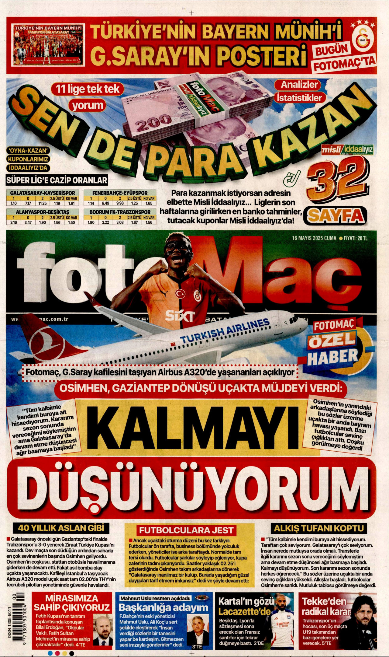 FOTOMAÇ gazetesinin 16 Mayıs 2025 tarihli birinci sayfası